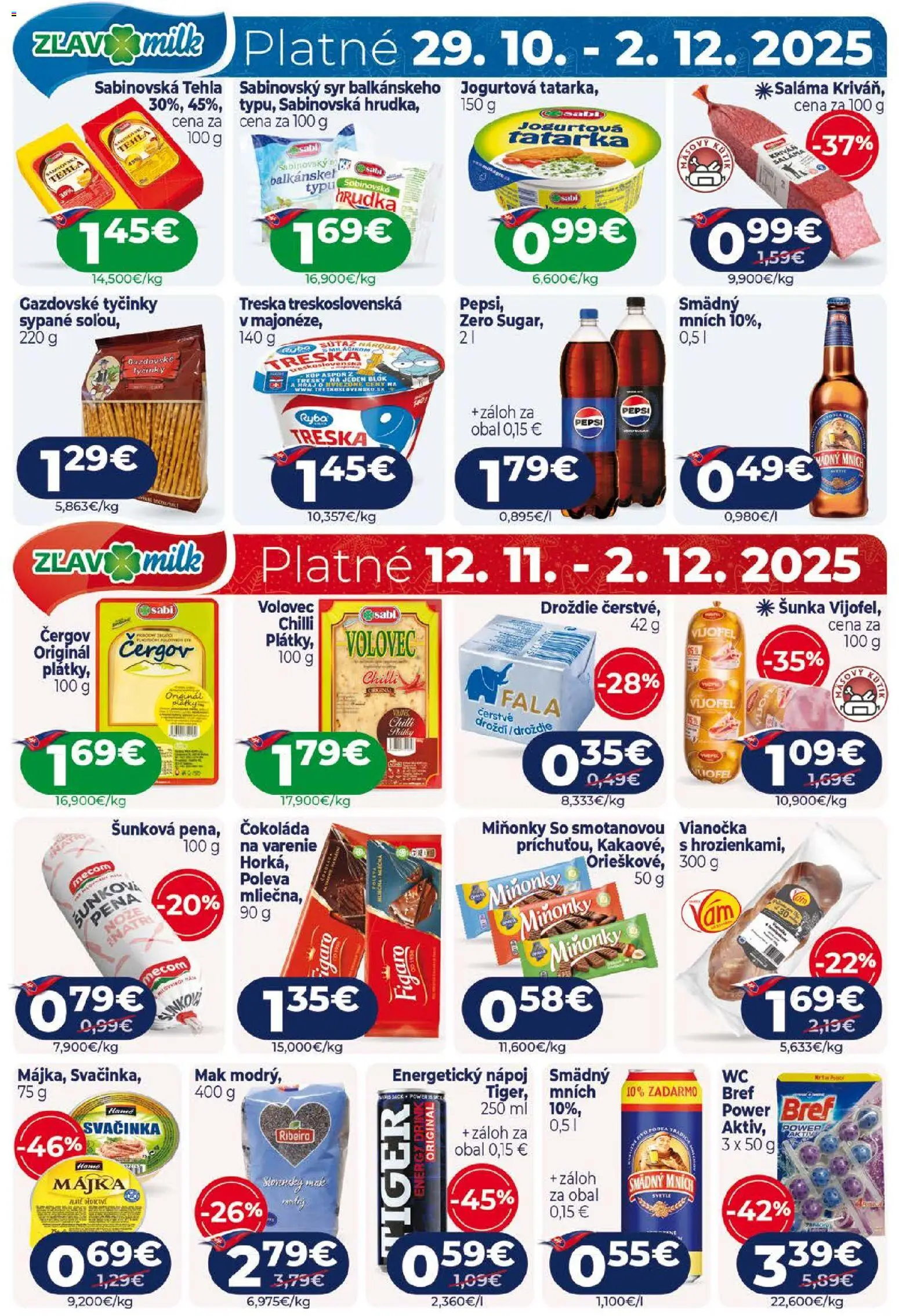 Nové Milk Agro akcie – leták je platný od 12.11.2025 | Strana: 12 | Produkty: Šunka, Vianočka, Pepsi, Energetický nápoj