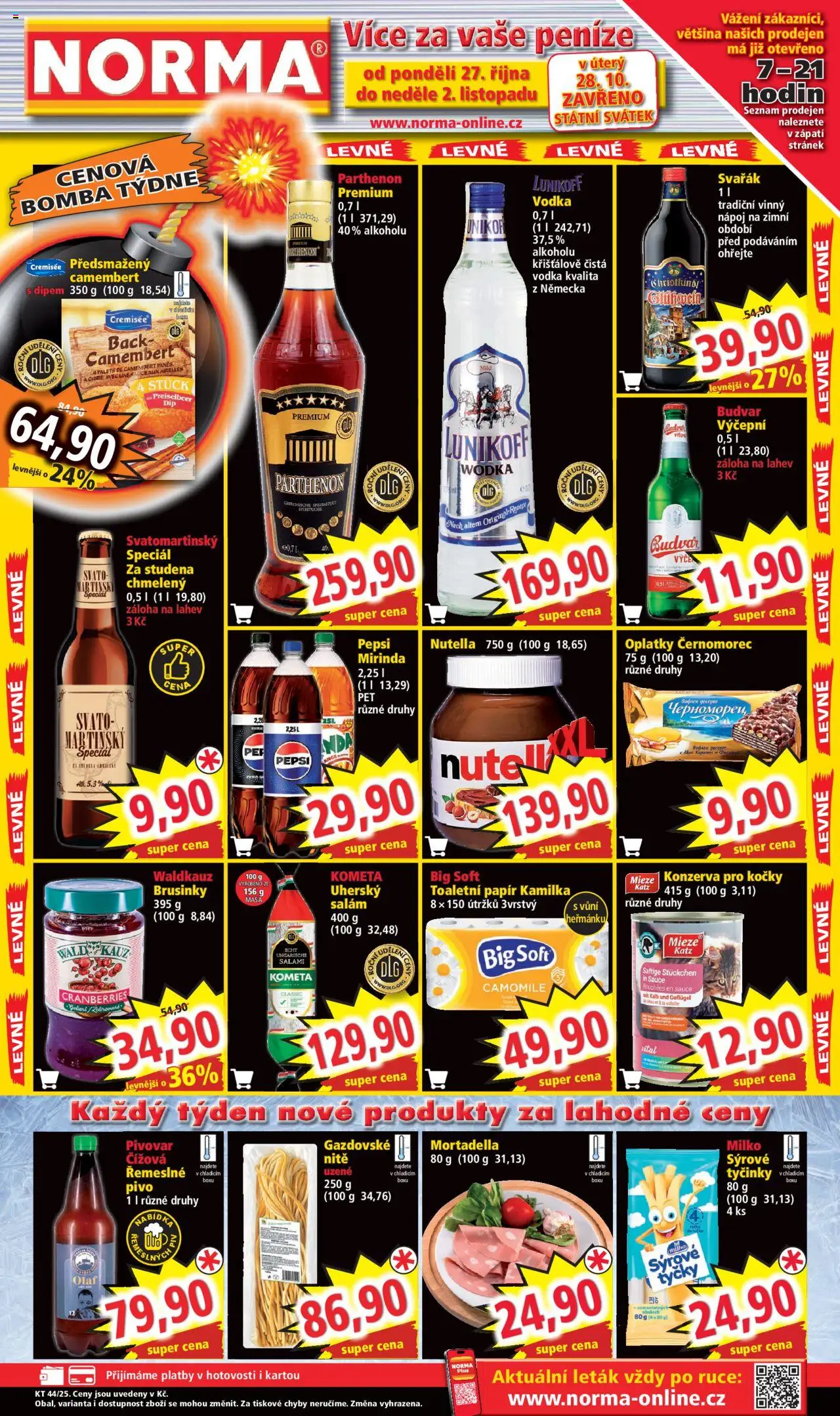 Norma leták od 27.10.2025 | Strana: 1 | Produkty: Budvar, Pivo, Tyčinky, Mortadella