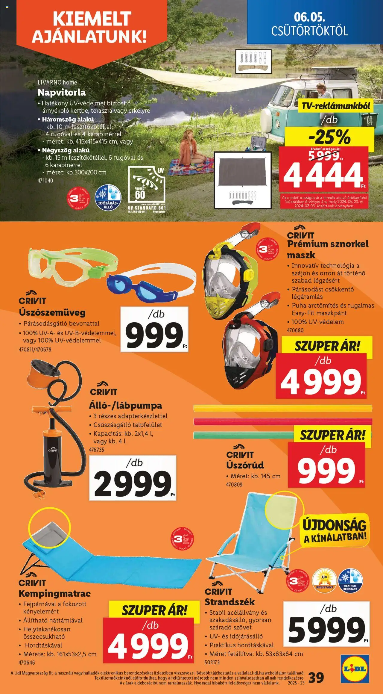 Lidl akciós ujság - amely érvényes a következő dátumtól: 05.06.2025 | Oldal: 39 | Termékek: Napvitorla, Maszk