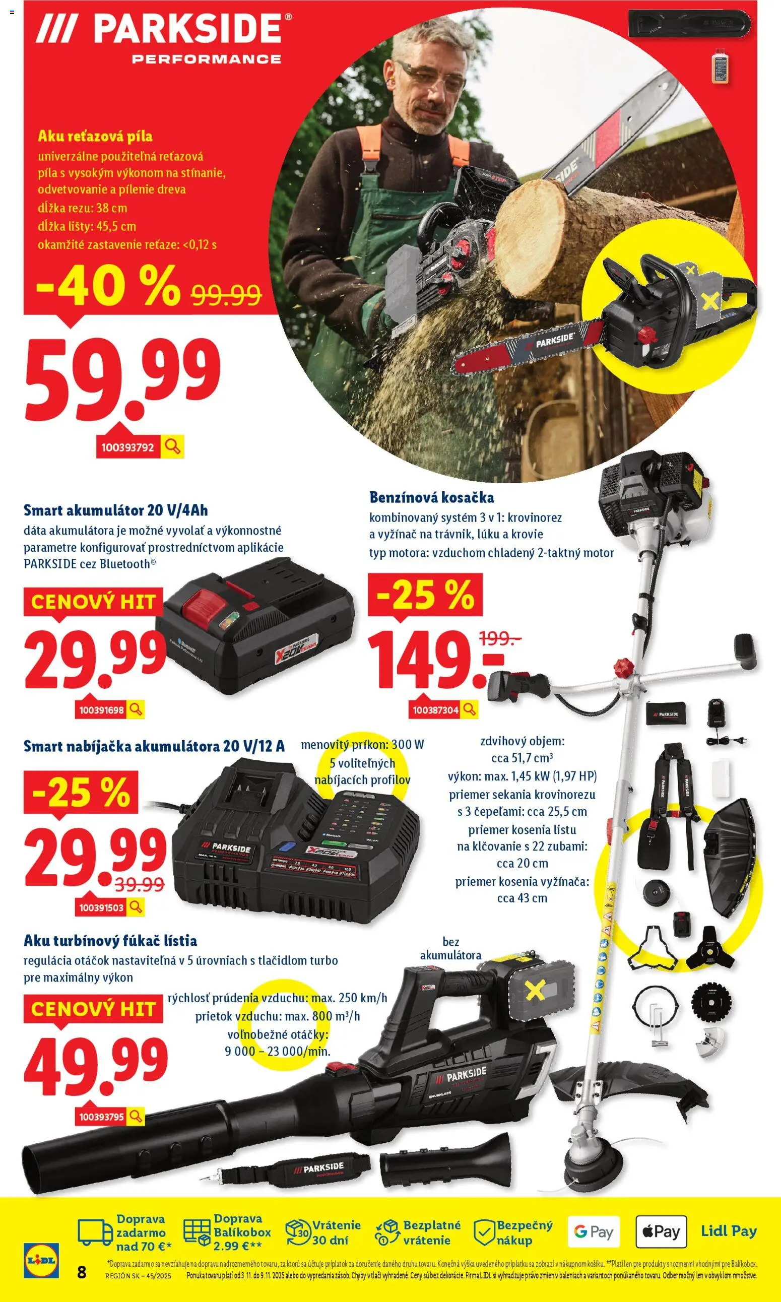 Nové Lidl akcie – leták je platný od 02.11.2025 | Strana: 8 | Produkty: Krovinorez, Aku reťazová píla, Reťazová píla, Kosačka