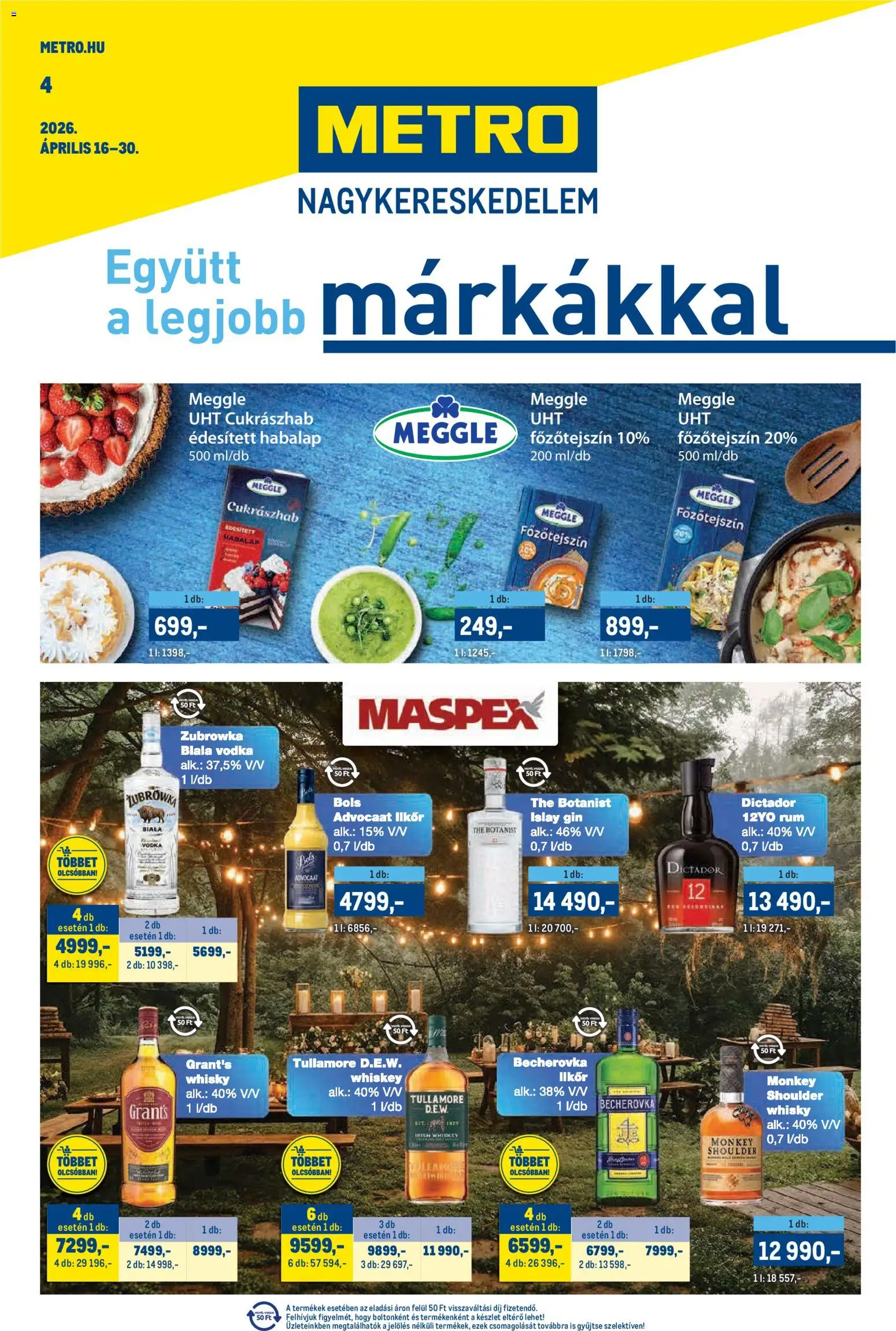 Metro akciós ujság - amely érvényes a következő dátumtól: 16.04.2026 | Oldal: 1 | Termékek: Főzőtejszín, Rum, Becherovka, Gin