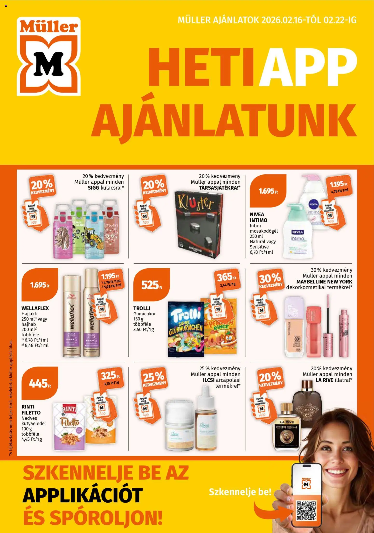 Müller akciós ujság - amely érvényes a következő dátumtól: 16.02.2026 | Oldal: 1 | Termékek: Kutyaeledel, Gumicukor, Hajhab, Hajlakk
