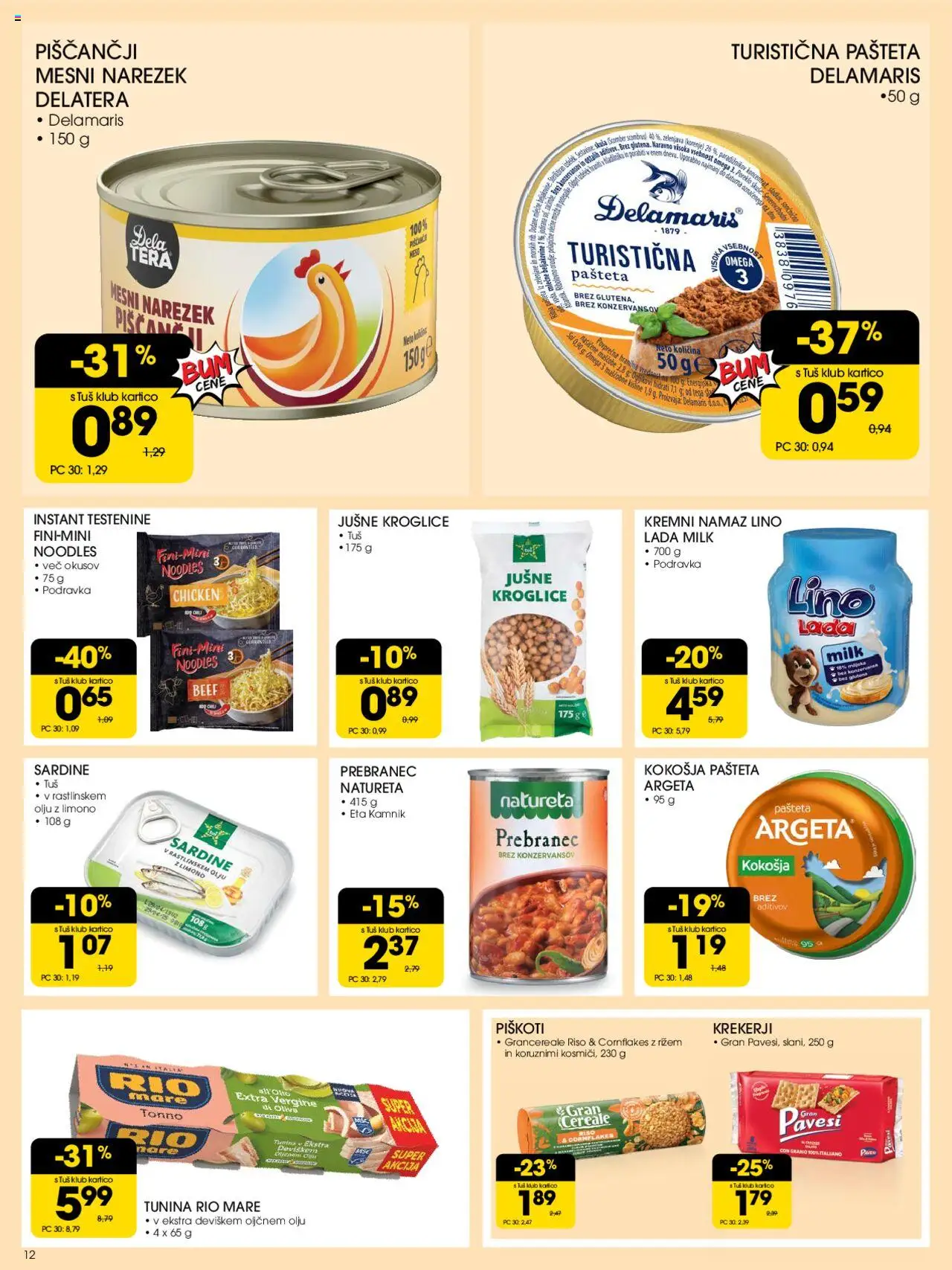 Tuš katalog │ velja od 06.08.2025 | Stran: 12 | Izdelki: Jušne kroglice, Sardine, Piskoti, Sol