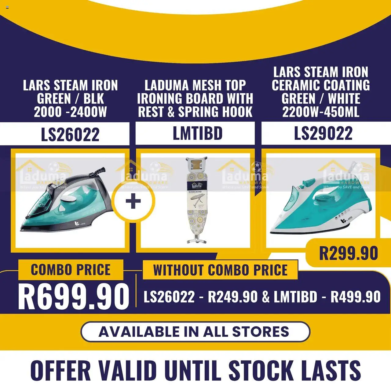 New Laduma Hardware catalogue – valid from 04.09.2025 | Page: 2 | Products: Iron, Ironing board, Stock