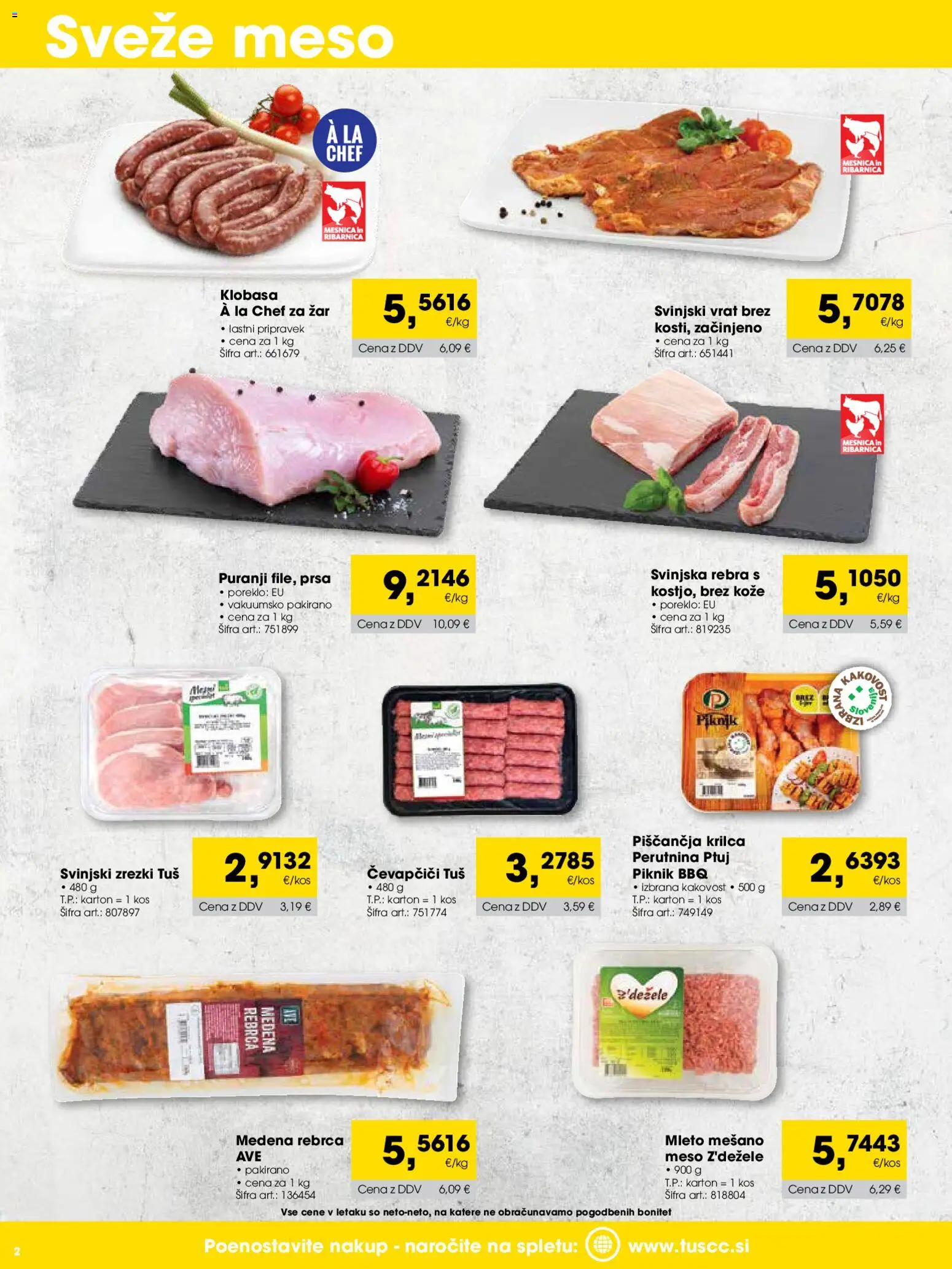 Novi Tuš katalog ponudbe – veljaven od 01.04.2026 | Stran: 2 | Izdelki: Rebrca, Čevapčiči, Zar, Kos