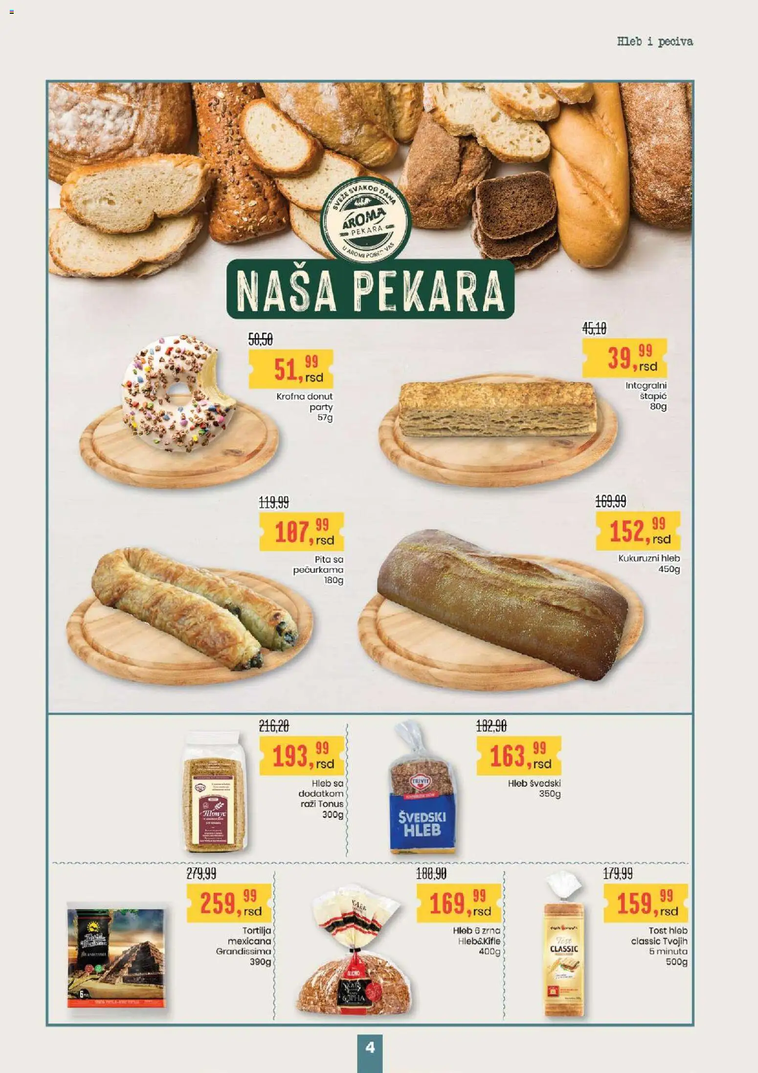 Aroma Market katalog - važi od 19.03.2026 | Strana: 4 | Proizvode: Tost hleb, Pekara, Pita, Hleb