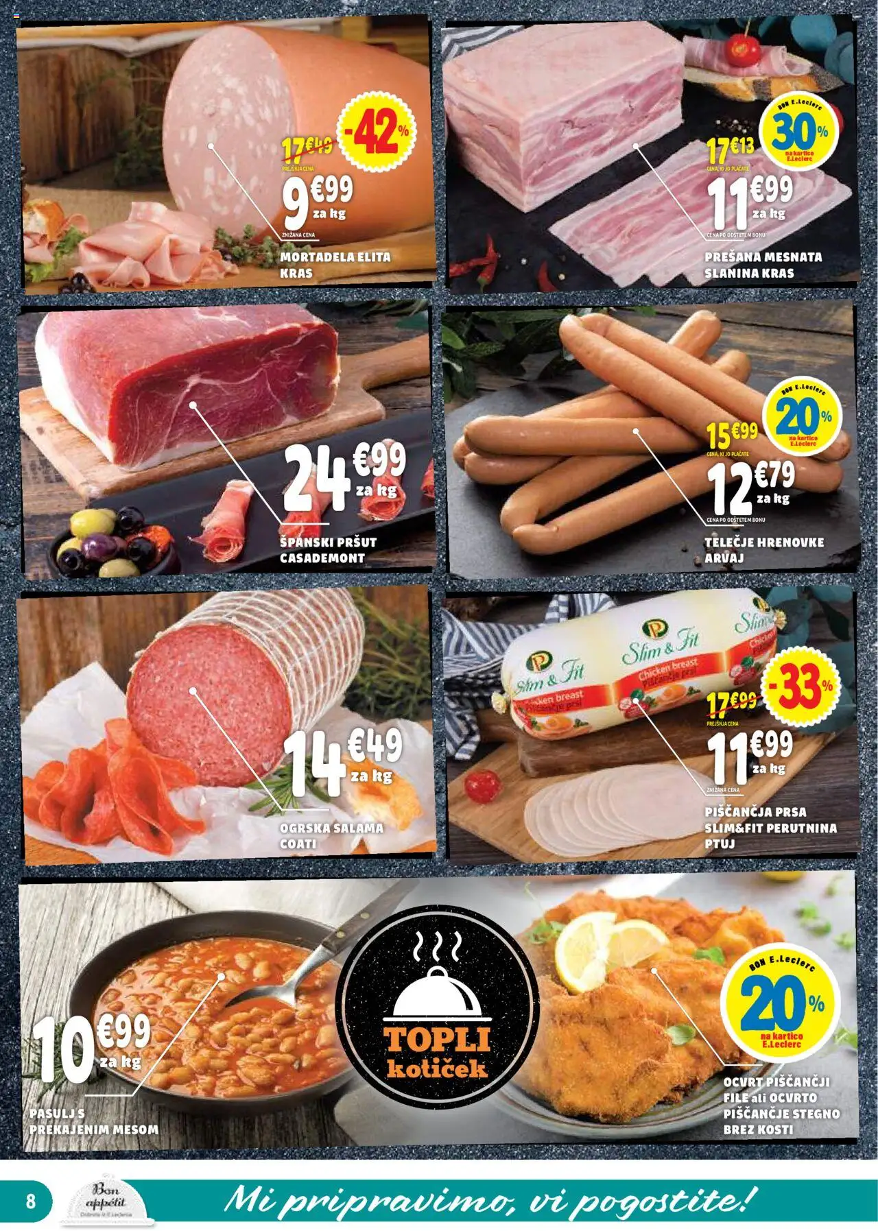 Novi E.leclerc katalog ponudbe – veljaven od 22.10.2025 | Stran: 8 | Izdelki: Hrenovke, Pršut, Mortadela, Salama