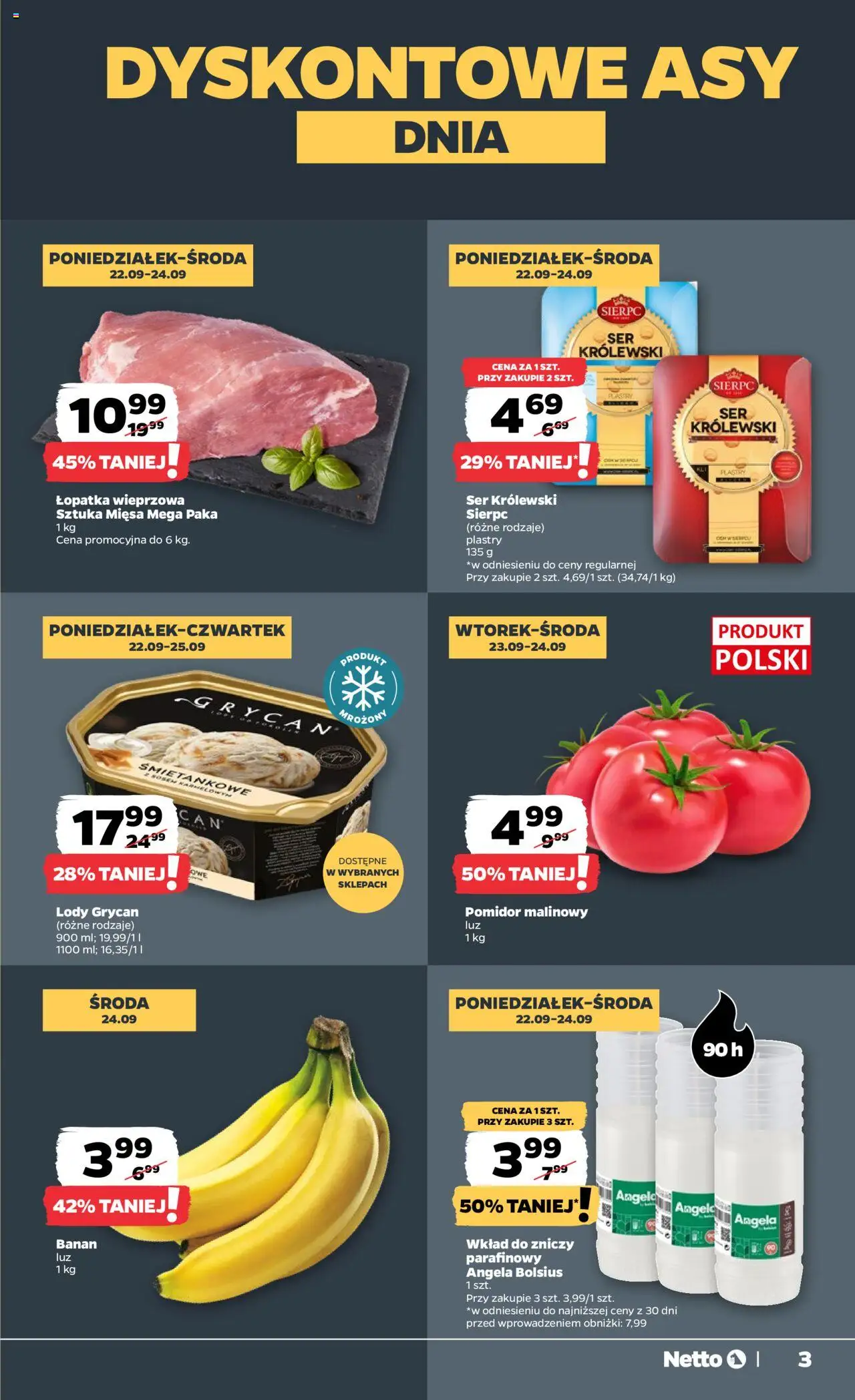 Netto gazetka - Spożywcza od 22.09.2025 | Strona: 3 | Produkty: Pomidor malinowy, Łopatka wieprzowa, Ser, Lody
