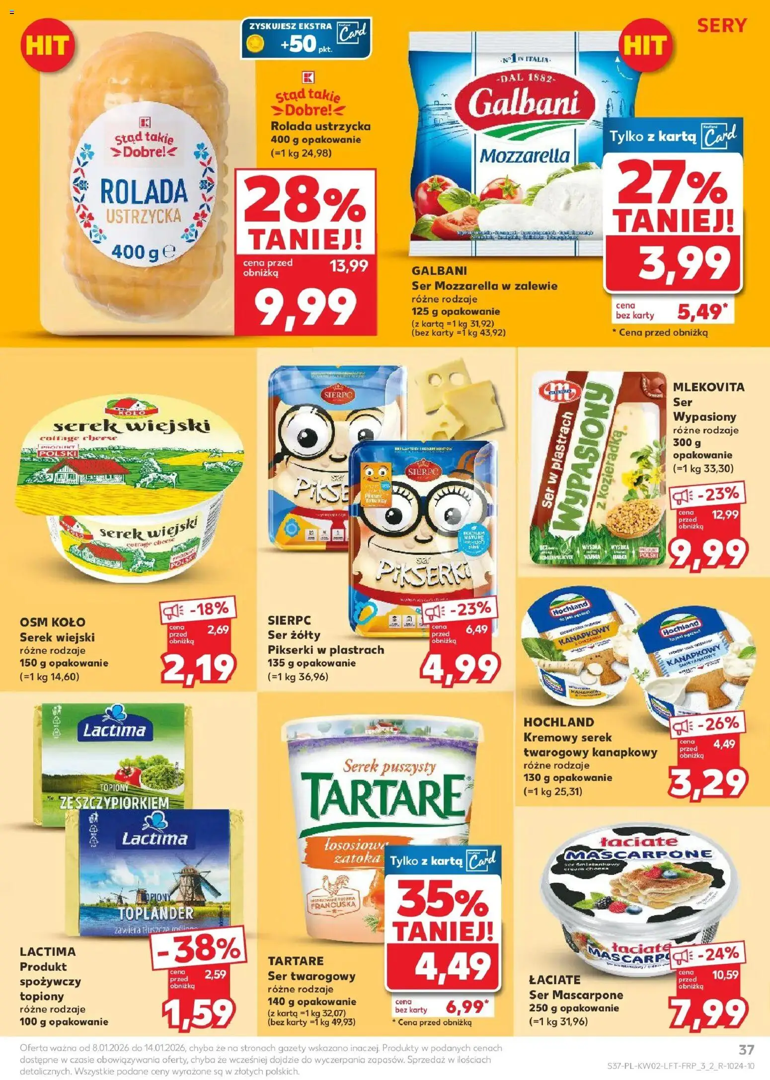 Kaufland gazetka od 08.01.2026 | Strona: 37 | Produkty: Ser żółty, Serek wiejski, Sery, Mozzarella