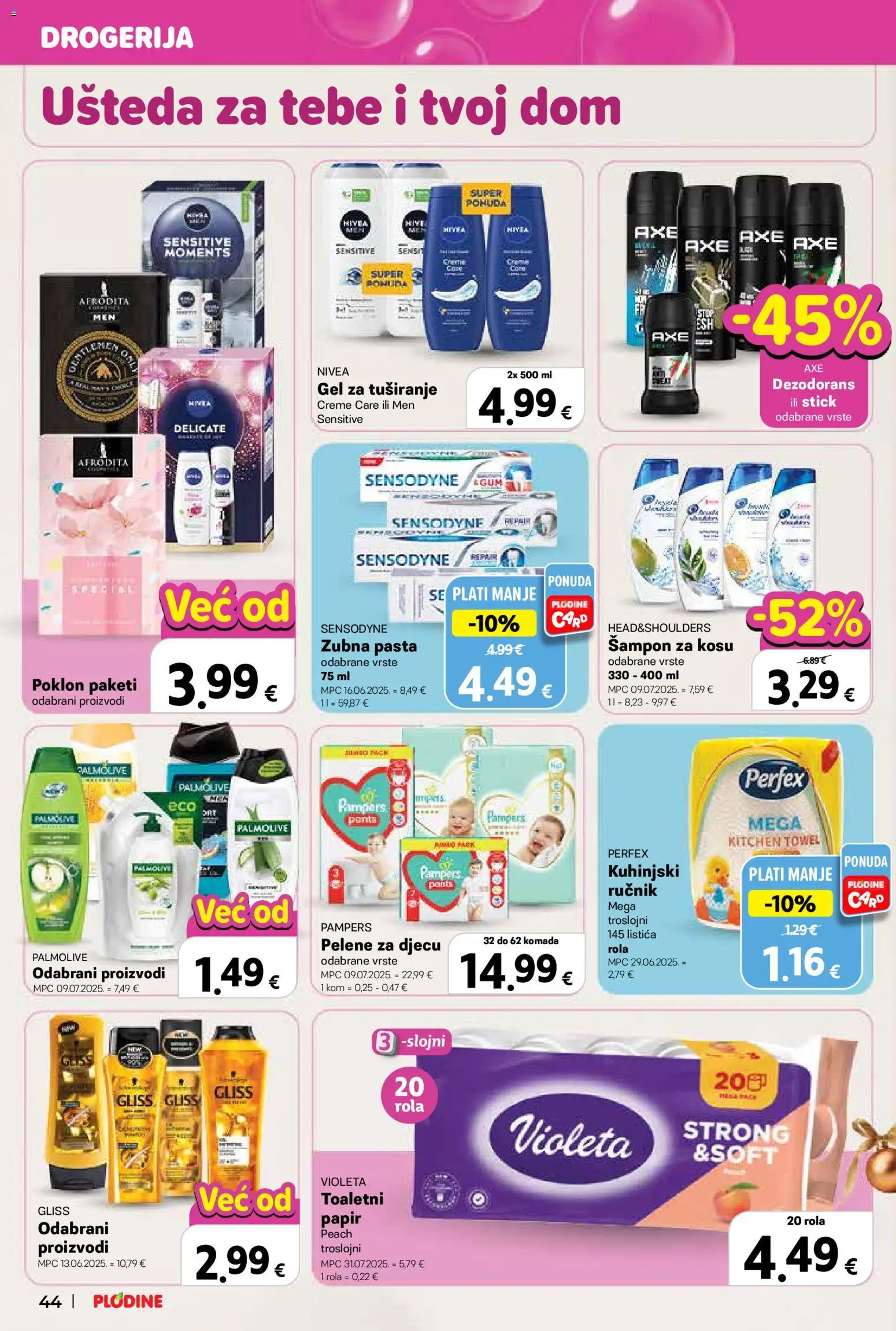 Plodine katalog | vrijedi od 17.12.2025 | Stranica: 44 | Proizvodi: Gel za tuširanje, Ručnik, Pampers, Violeta