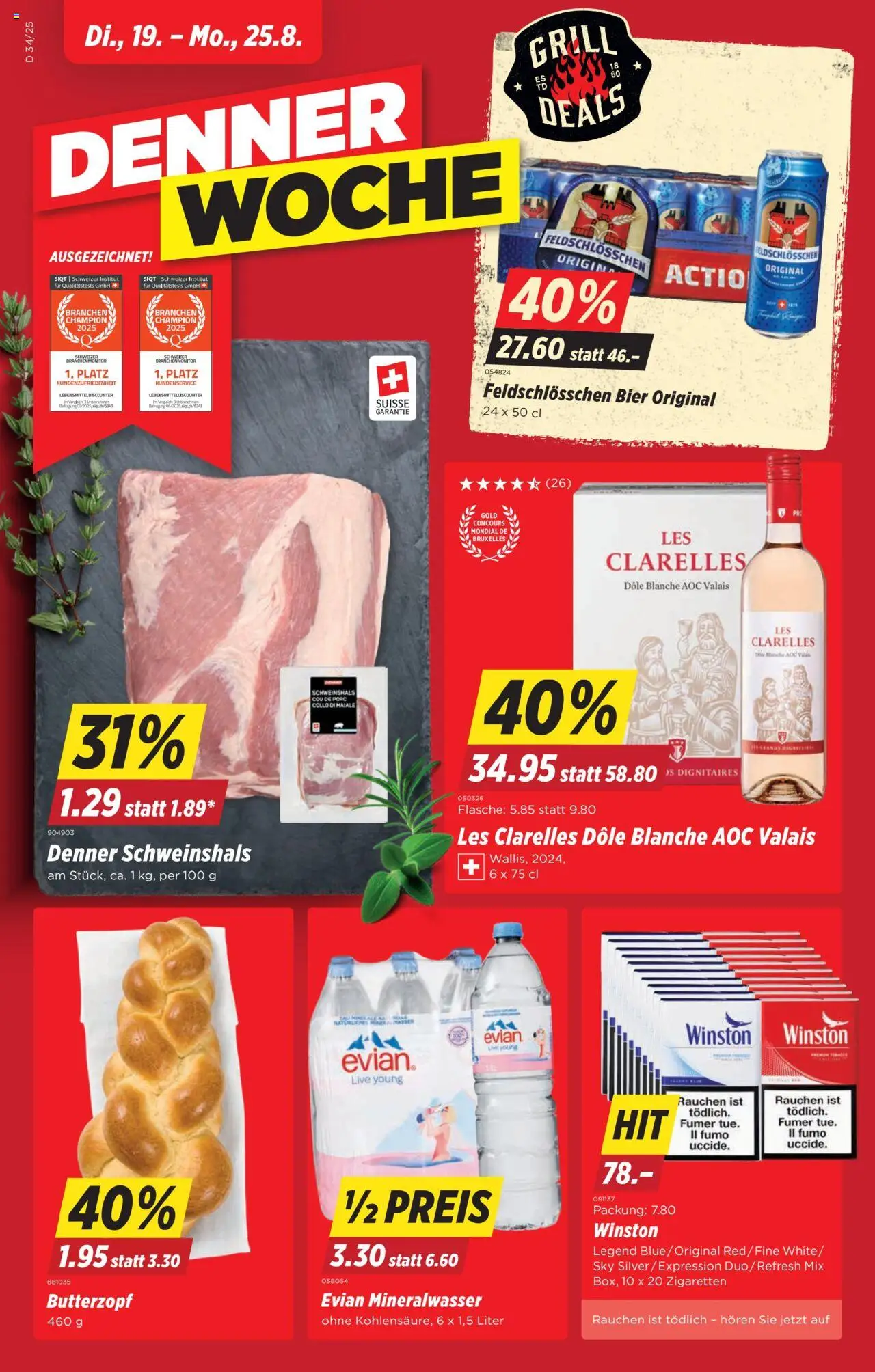 Denner Aktionen ab 19.08.2025 | Seite: 1 | Produkte: Mineralwasser, Bier, Grill