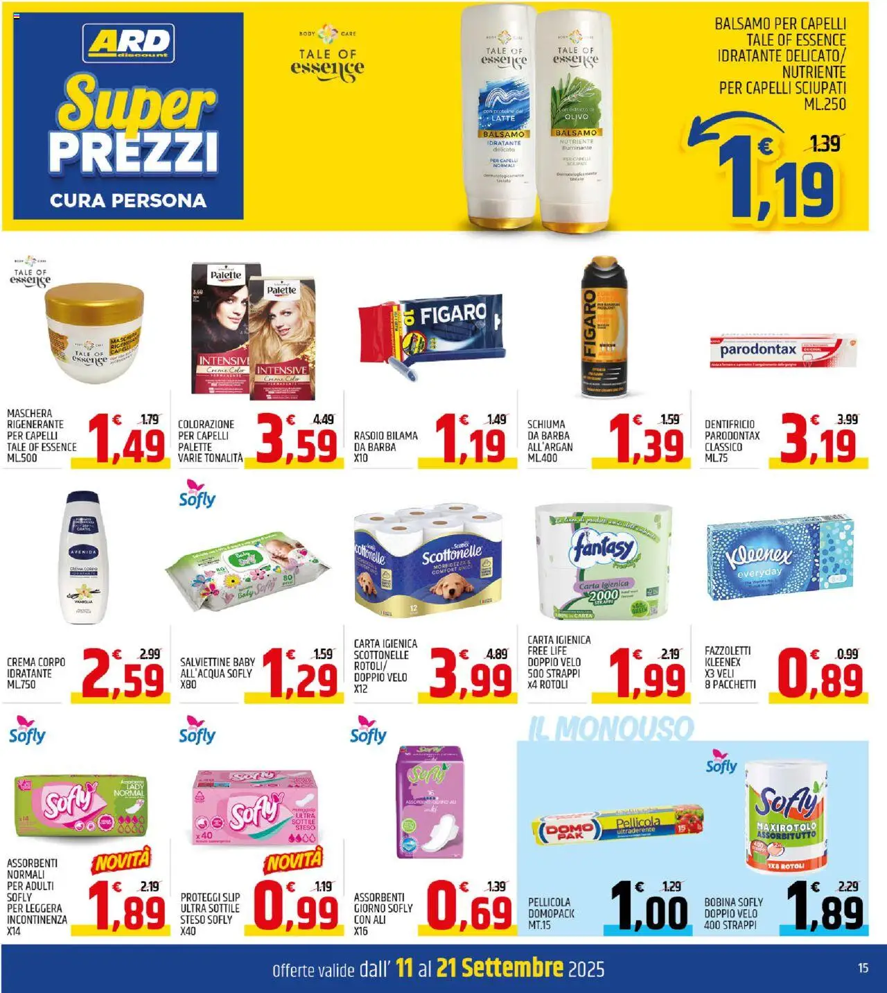 Volantino ARD Discount del 11.09.2025 | Pagina: 15 | Prodotti: Balsamo per capelli, Crema, Carta igienica, Body
