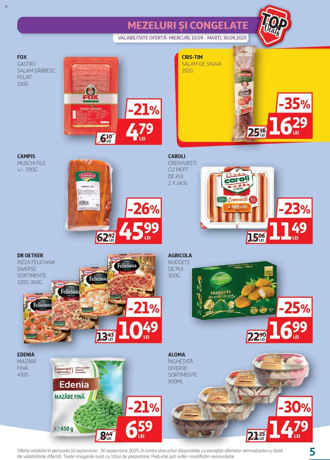 Noul catalog Auchan – valabil de la 10.09.2025 | Pagină: 5 | Produse: Mazăre, Hacıyatmaz Kedi Oyuncağı, Crenvurști, Salam