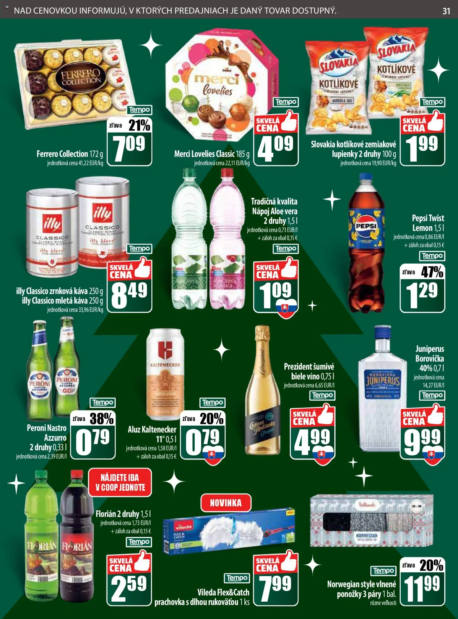 Nové COOP Jednota akcie – leták je platný od 11.12.2025 | Strana: 31 | Produkty: Biele víno, Borovička, Pepsi, Zrnková káva