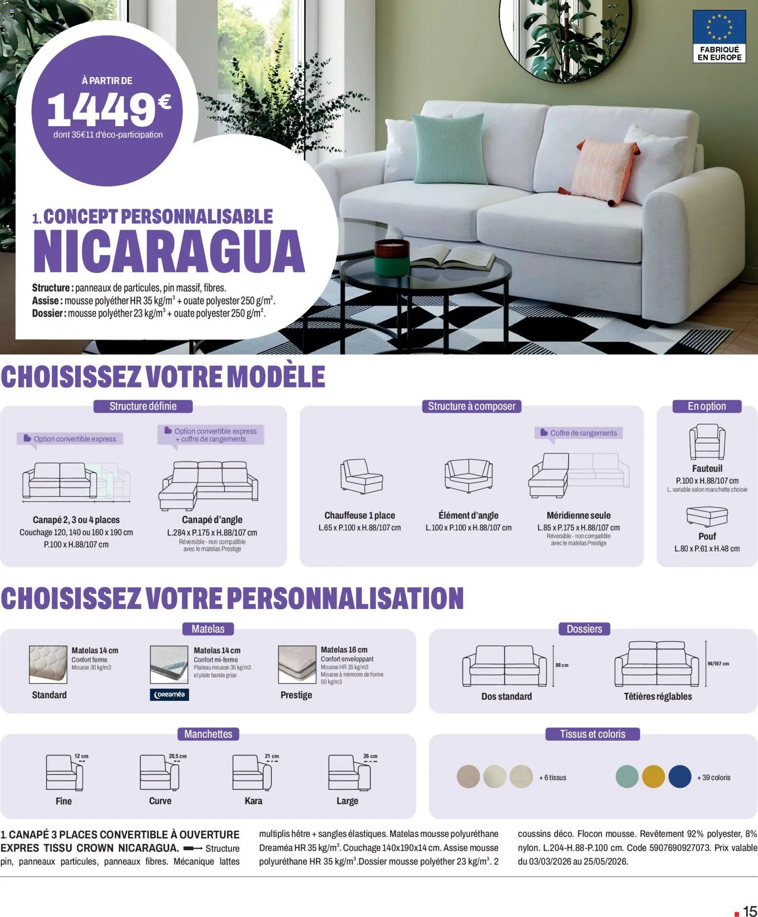 {H1} | Page: 15 | Produits: Plateau, Chauffeuse, Mousse, Matelas