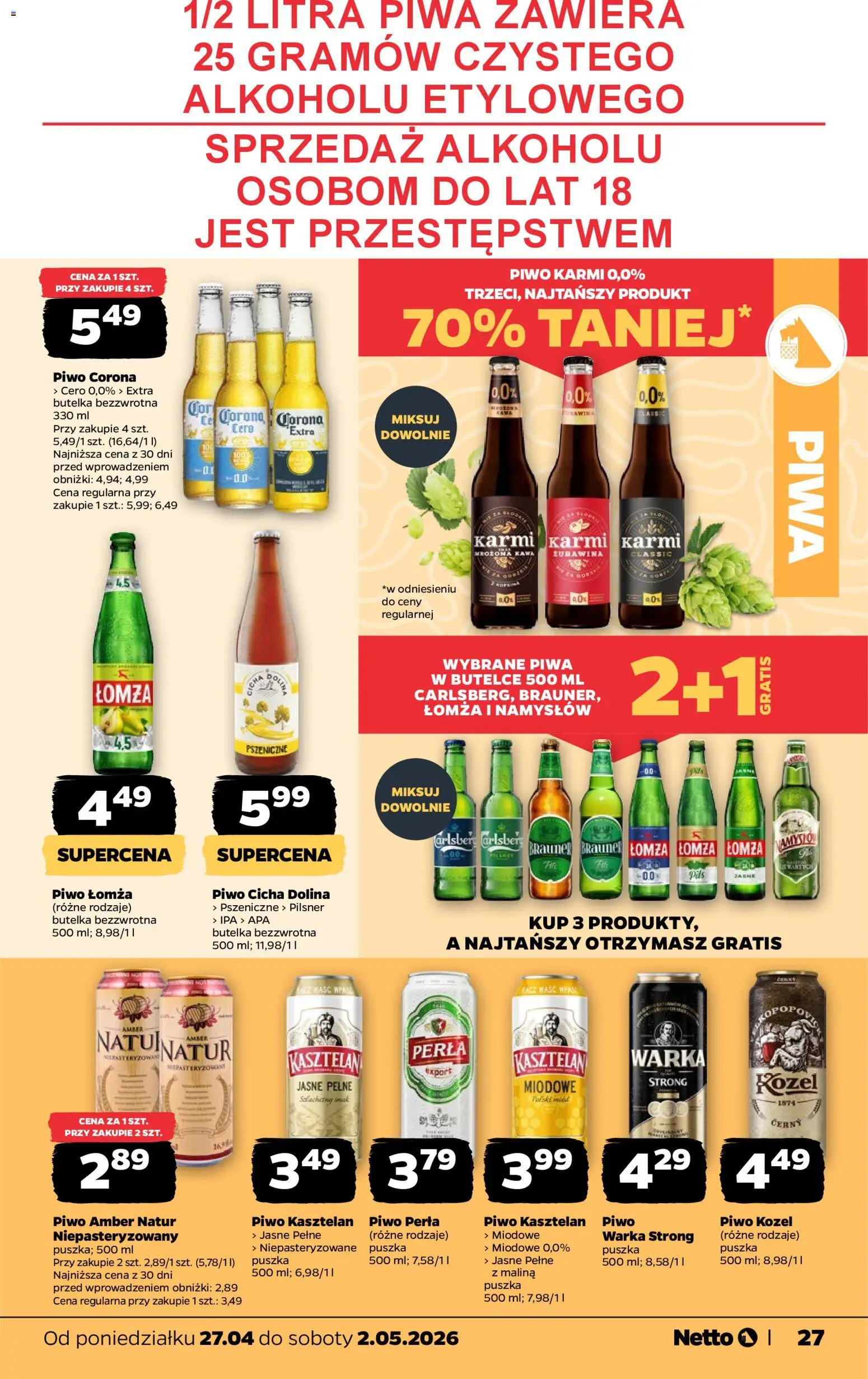 Netto gazetka od poniedziałku spożywcza od 27.04.2026 | Strona: 27 | Produkty: Piwo perła, Warka, Żurawina, Piwo kozel