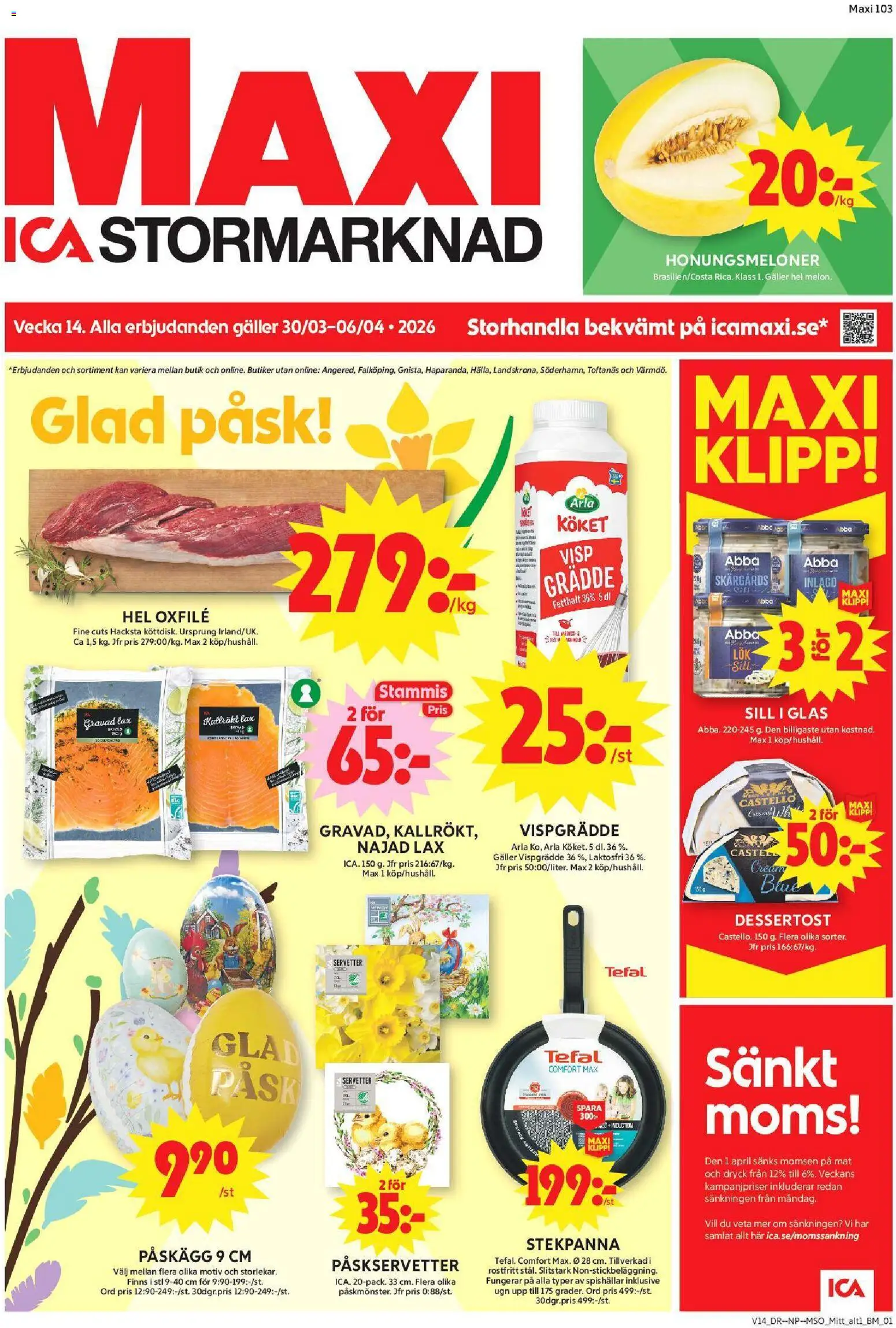 ICA Maxi reklamblad aktuell från 30.03.2026 | Sida: 1 | Produkter: Visp, Lax, Oxfilé, Stekpanna