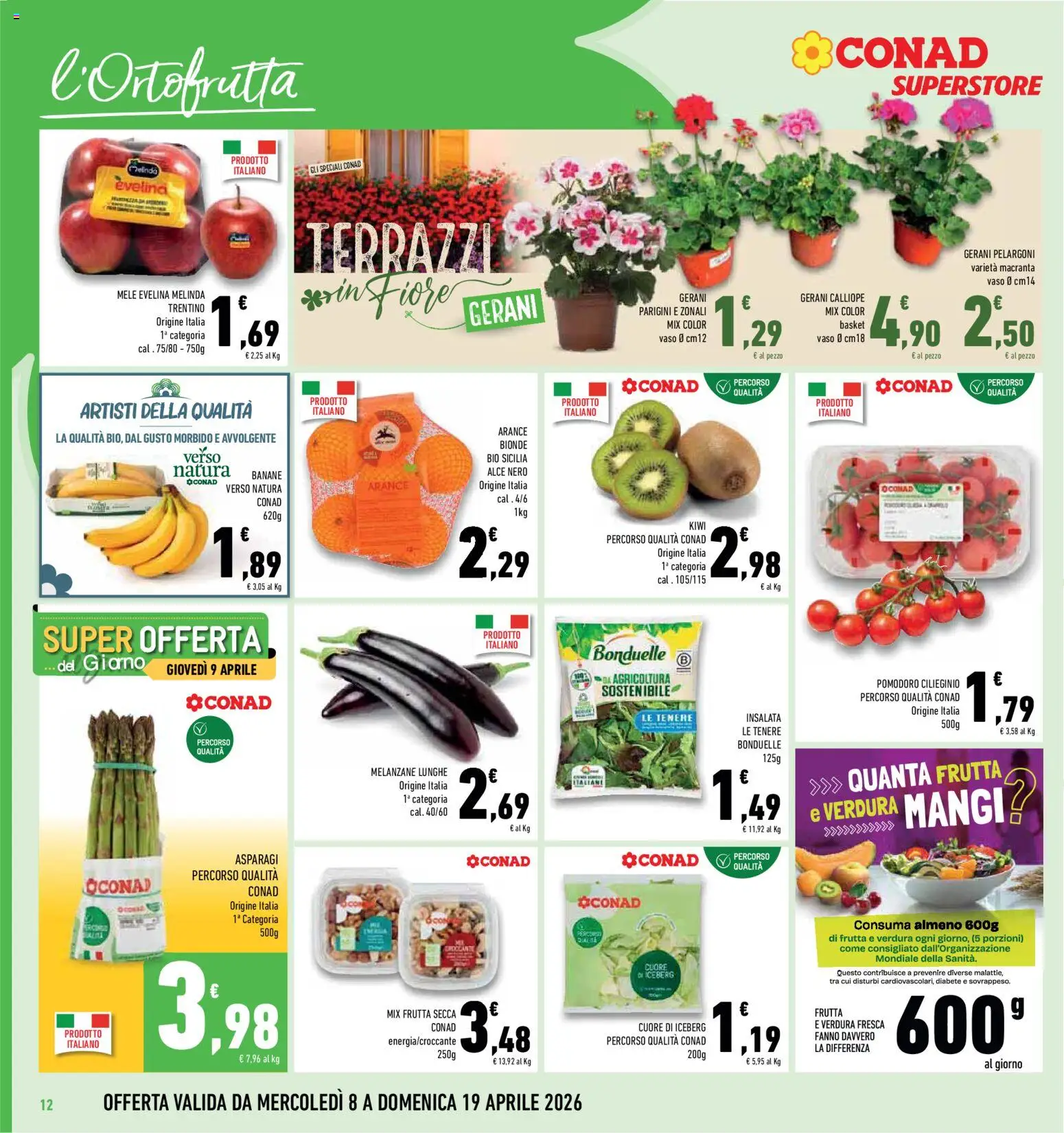Volantino Conad del 08.04.2026 | Pagina: 12 | Prodotti: Arance, Banane, Insalata, Melanzane