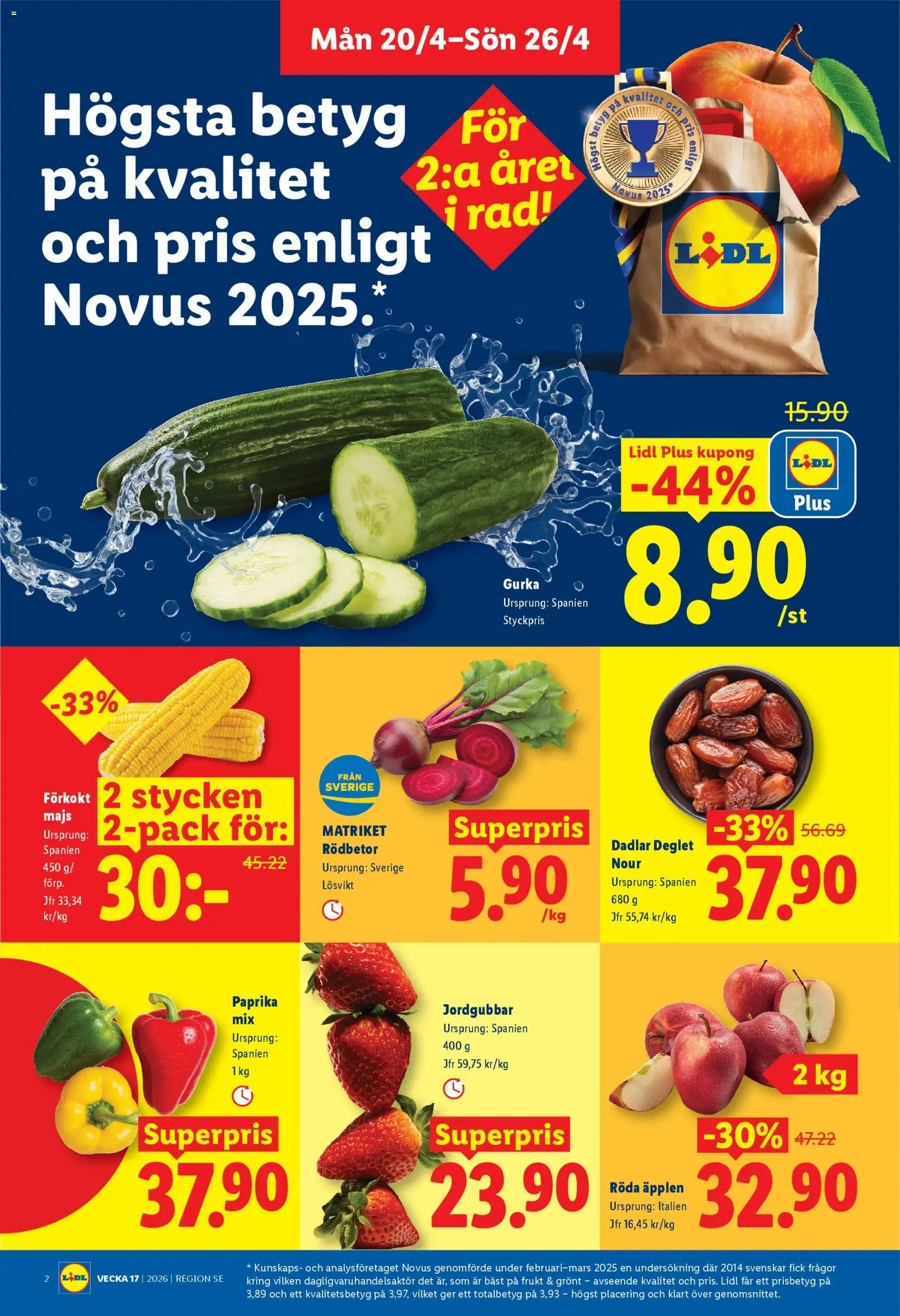 Lidl reklamblad aktuell från 20.04.2026 | Sida: 2 | Produkter: Äpplen, Jordgubbar, Gurka, Majs