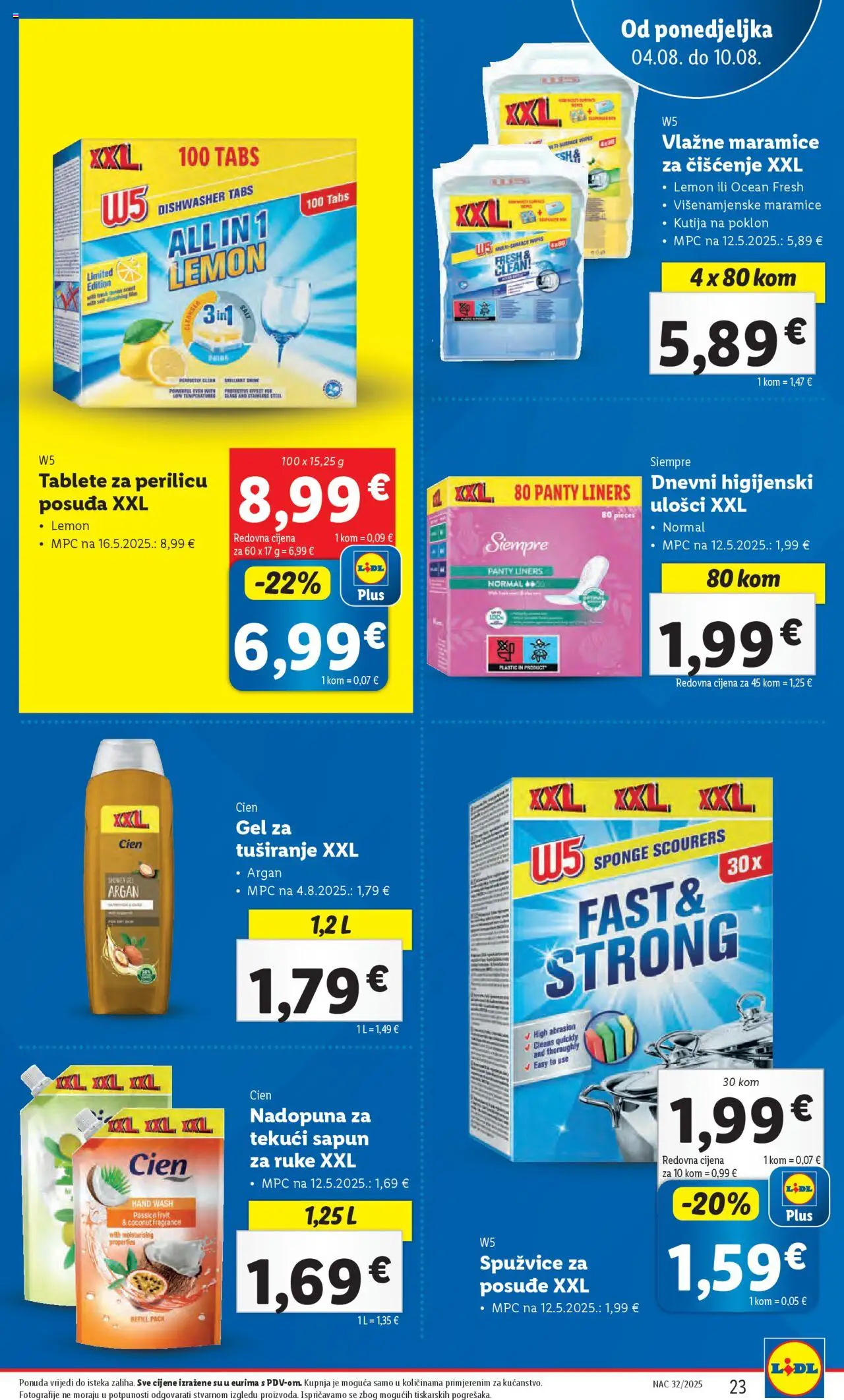 Lidl katalog | vrijedi od 04.08.2025 | Stranica: 23 | Proizvodi: Vlažne maramice, Sapun, Gel za tuširanje, Tablete za perilicu posuđa
