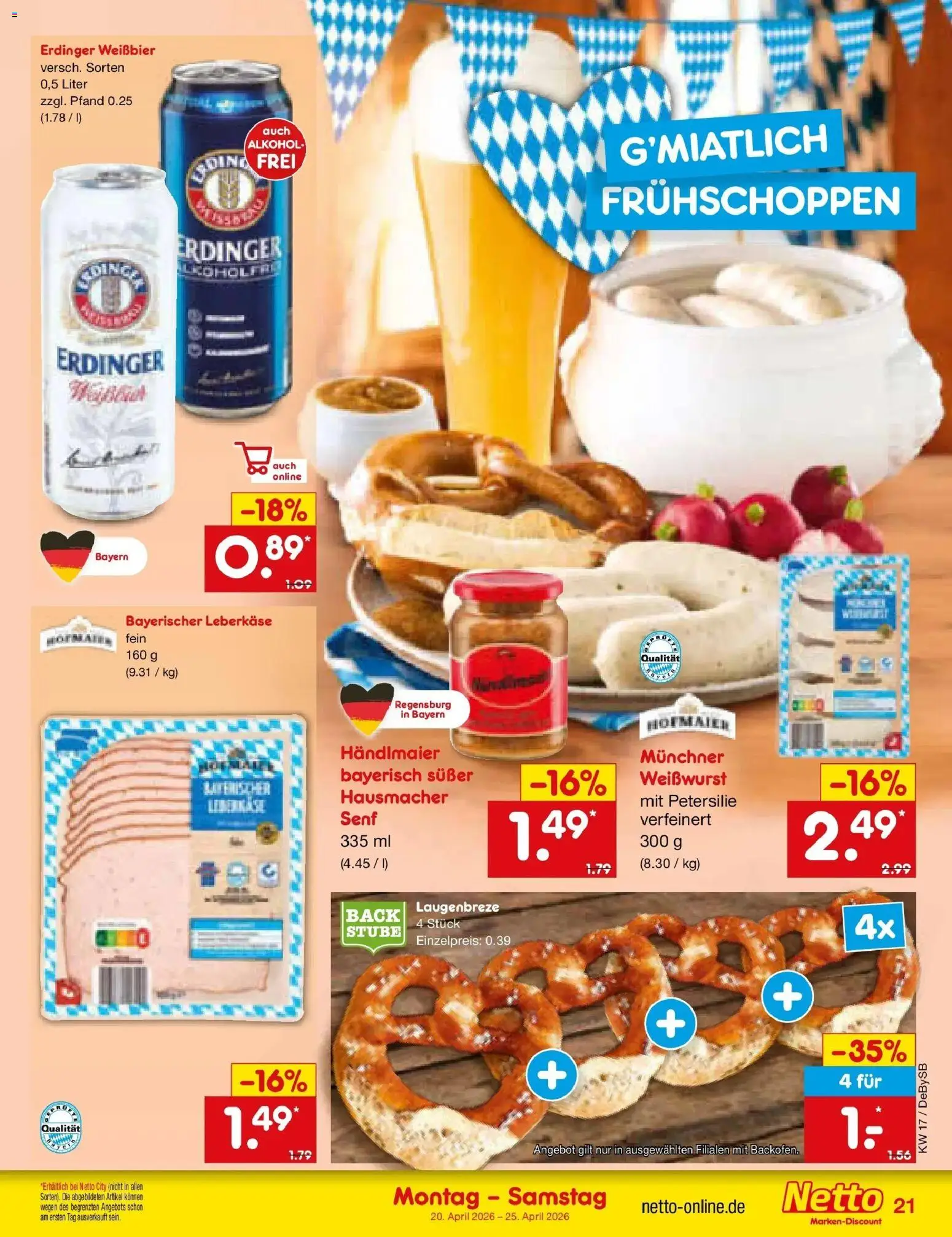 Netto Marken-Discount Prospekt Thierhaupten	 – gültig ab 20.04.2026 | Seite: 23 | Produkte: Weißbier, Weißwurst, Petersilie, Leberkase