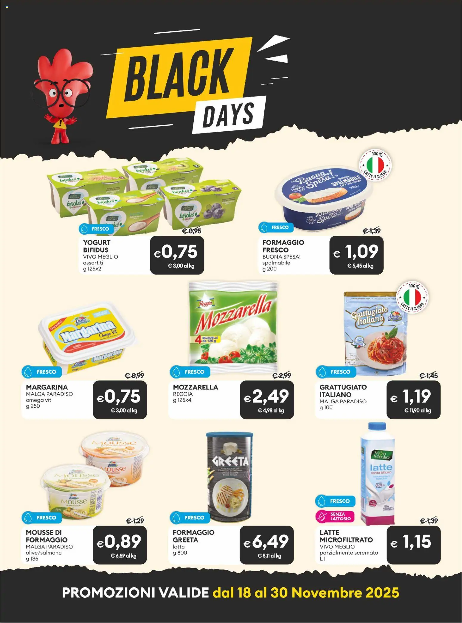 Volantino MD Discount del 18.11.2025 | Pagina: 2 | Prodotti: Mozzarella, Latte, Formaggio, Margarina