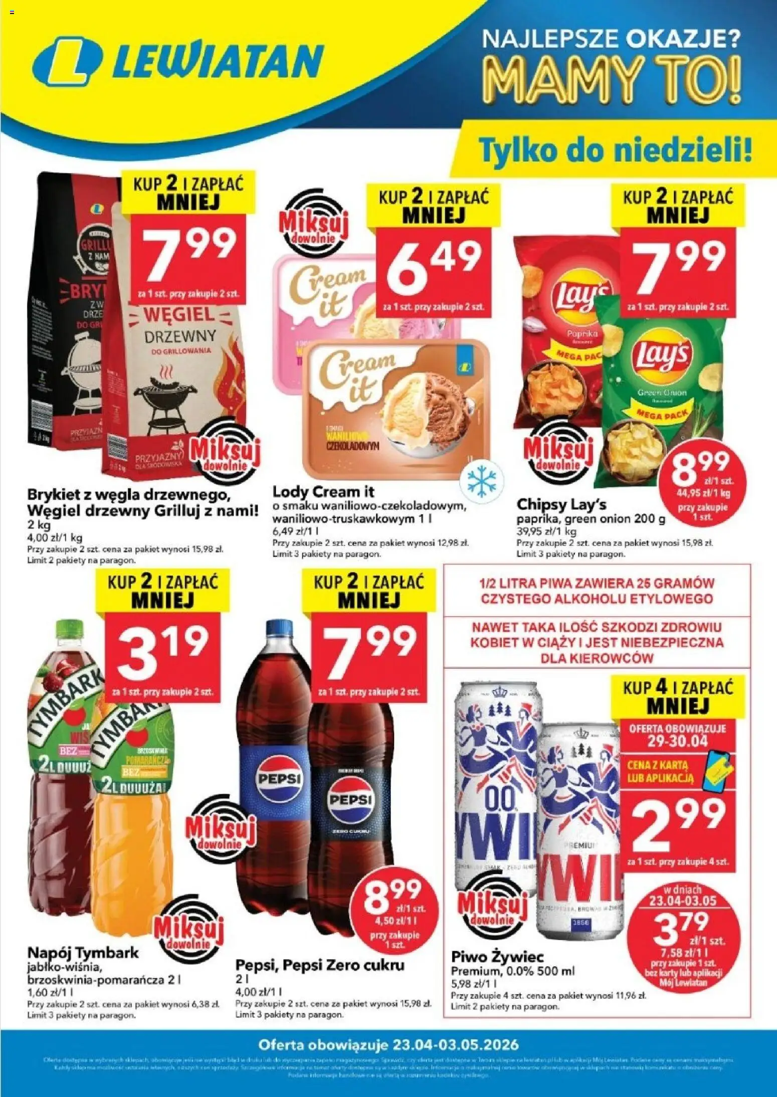 Lewiatan gazetka - W wielopakach taniej od 23.04.2026 | Strona: 1 | Produkty: Karta, Chipsy, Piwo, Lody