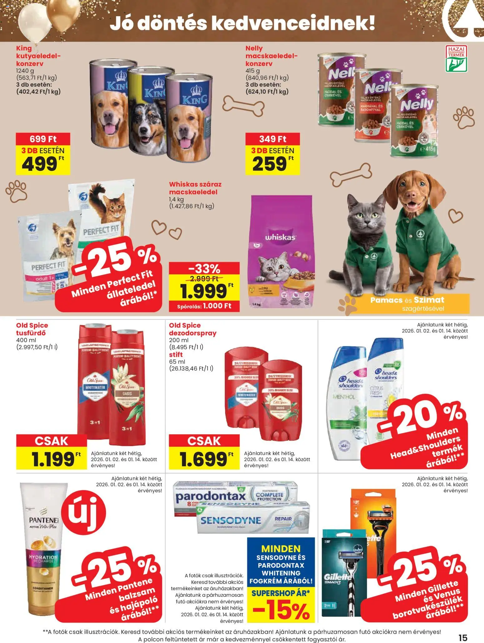 Spar akciós ujság - amely érvényes a következő dátumtól: 02.01.2026 | Oldal: 15 | Termékek: Old spice, Macskaeledel, Whiskas, Tusfürdő