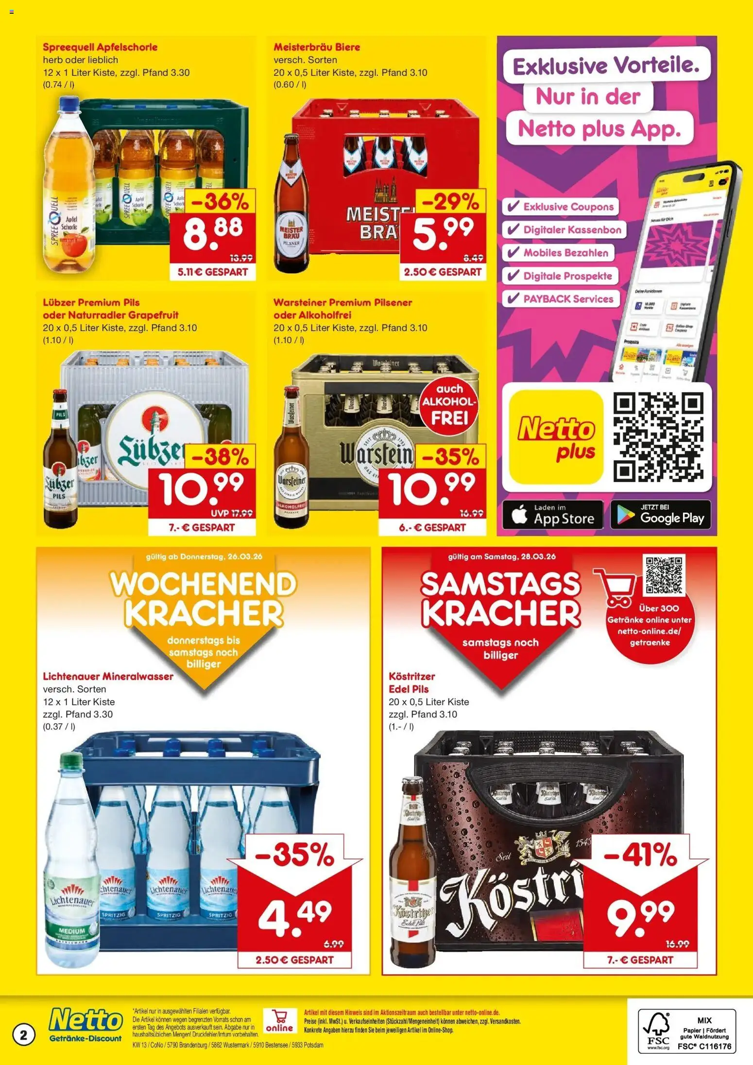 Netto Marken-Discount Prospekt Potsdam	 – gültig ab 23.03.2026 | Seite: 2 | Produkte: Kostritzer, Mineralwasser, Warsteiner, Lubzer