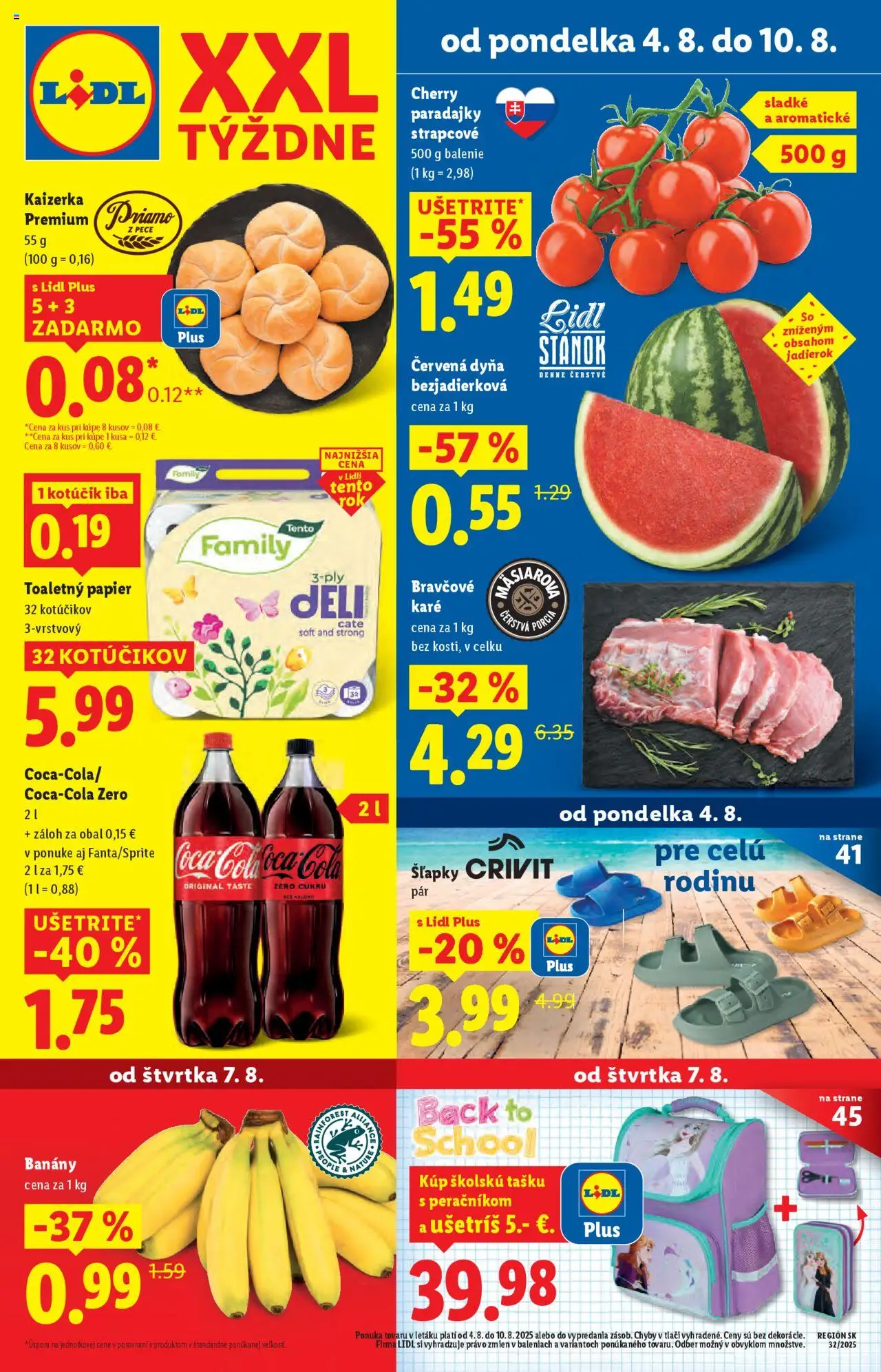 Lidl leták │ platný od 04.08.2025 | Strana: 1 | Produkty: Banány, Šľapky, Coca cola, Cherry paradajky