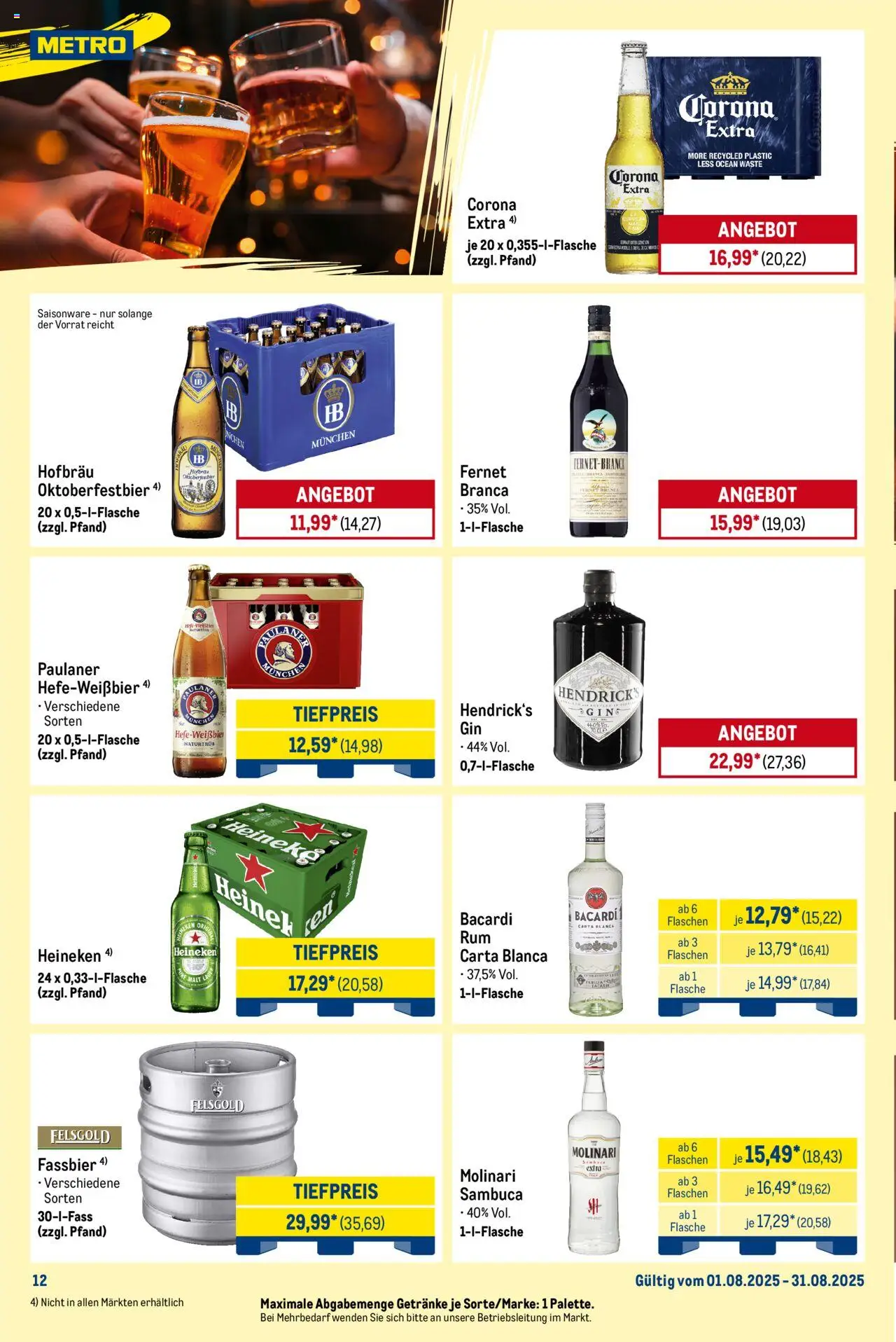 Metro Monats-Menü - gültig ab dem 01.08.2025 | Seite: 12 | Produkte: Bacardi, Sambuca, Heineken, Paulaner