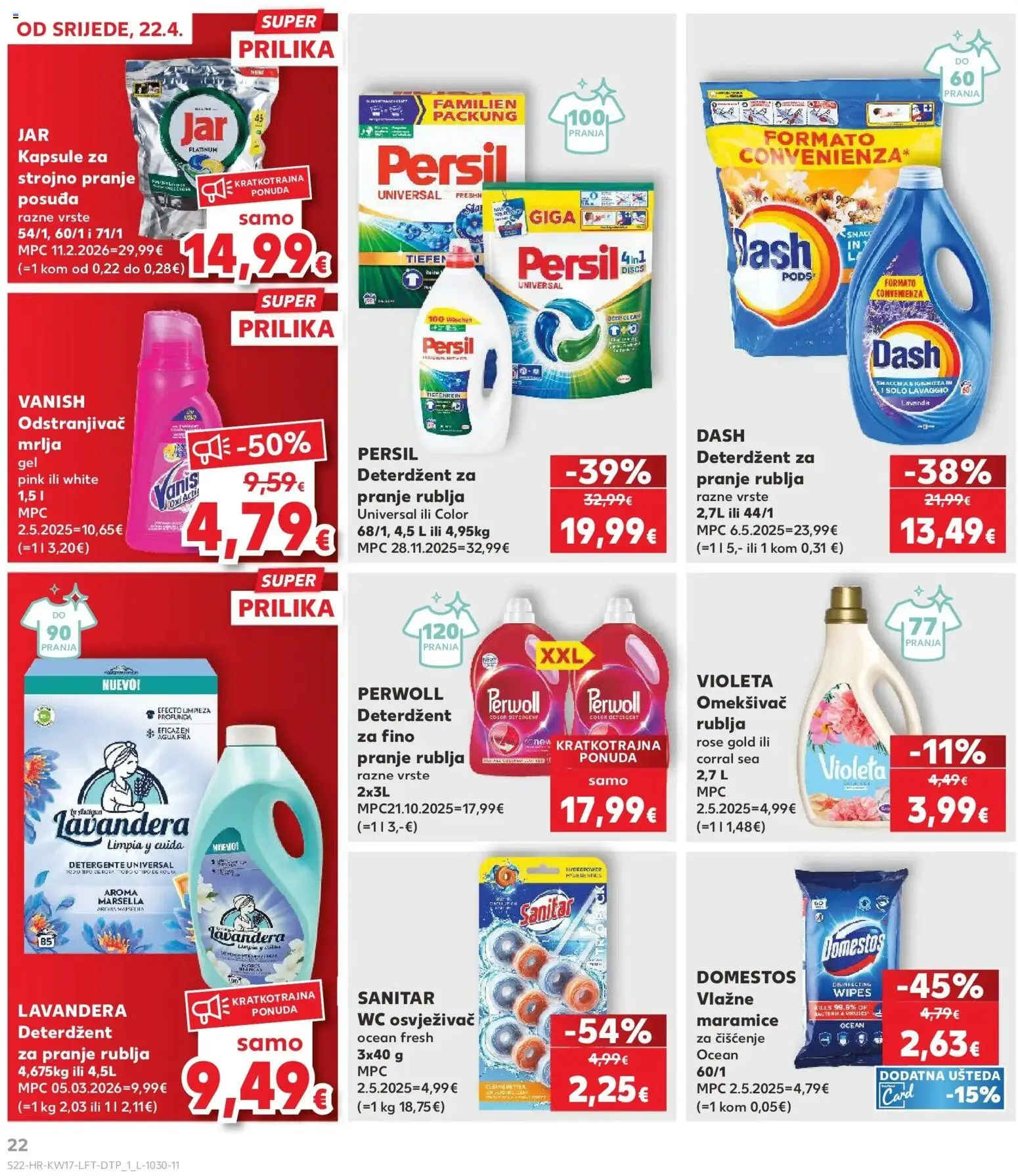 Kaufland katalog | vrijedi od 22.04.2026 | Stranica: 22 | Proizvodi: Omekšivač, Deterdžent, Odstranjivač mrlja, Violeta