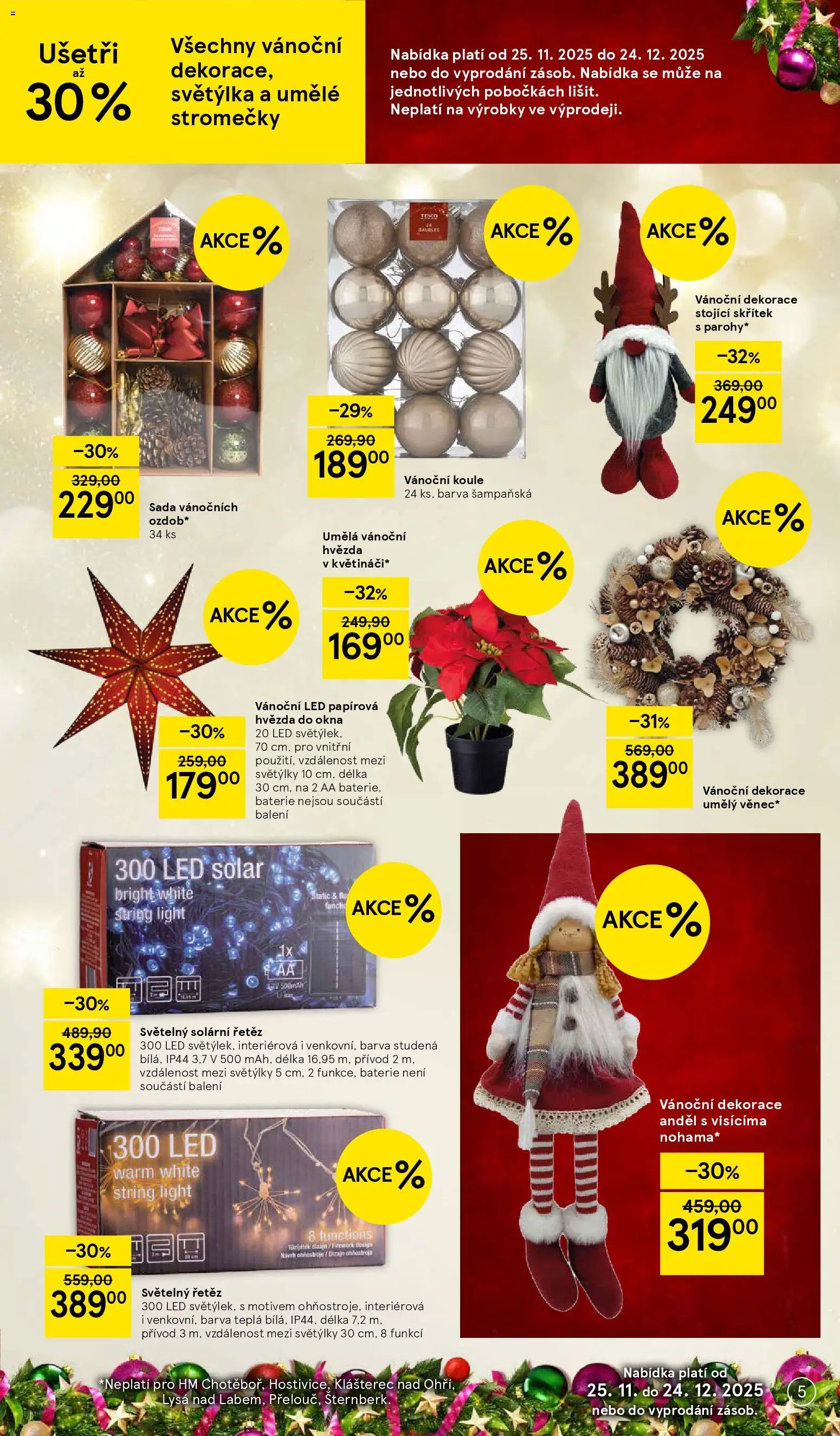 Tesco katalog od 25.11.2025 | Strana: 5 | Produkty: Světelný řetěz, Baterie, Vánoční dekorace, Dekorace