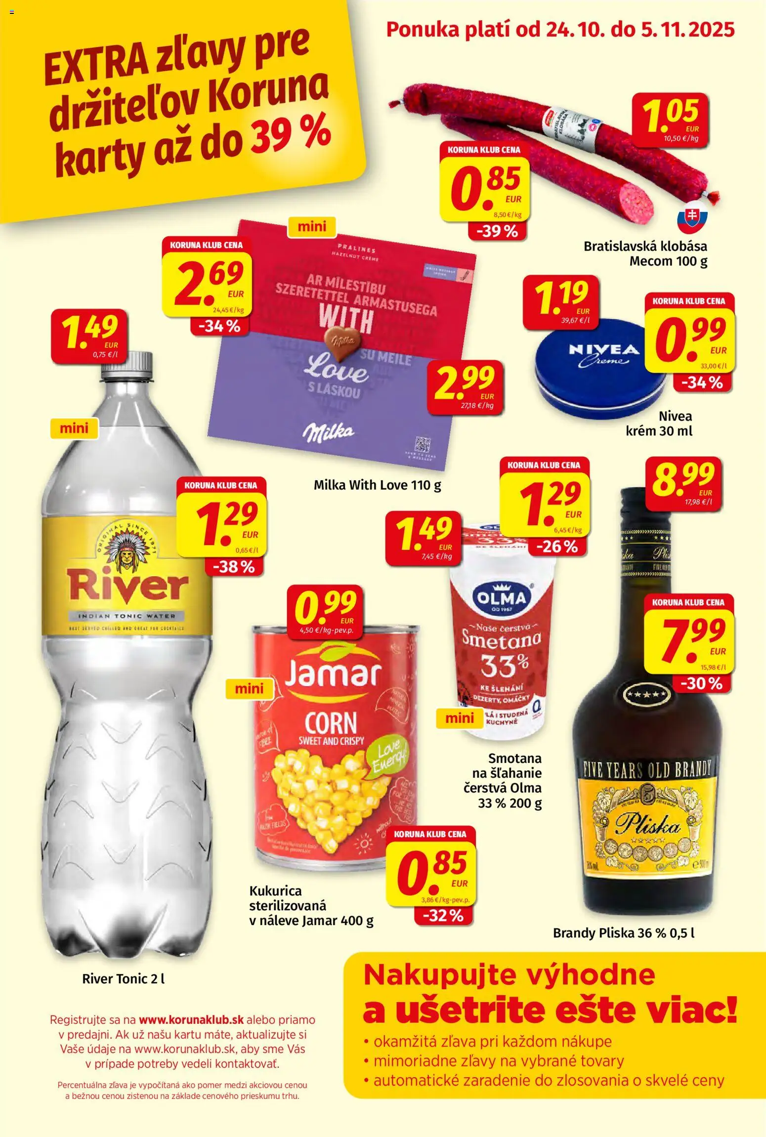 Nové Koruna akcie – leták je platný od 24.10.2025 | Strana: 1 | Produkty: Klobása, Smotana, Krém, Kukurica