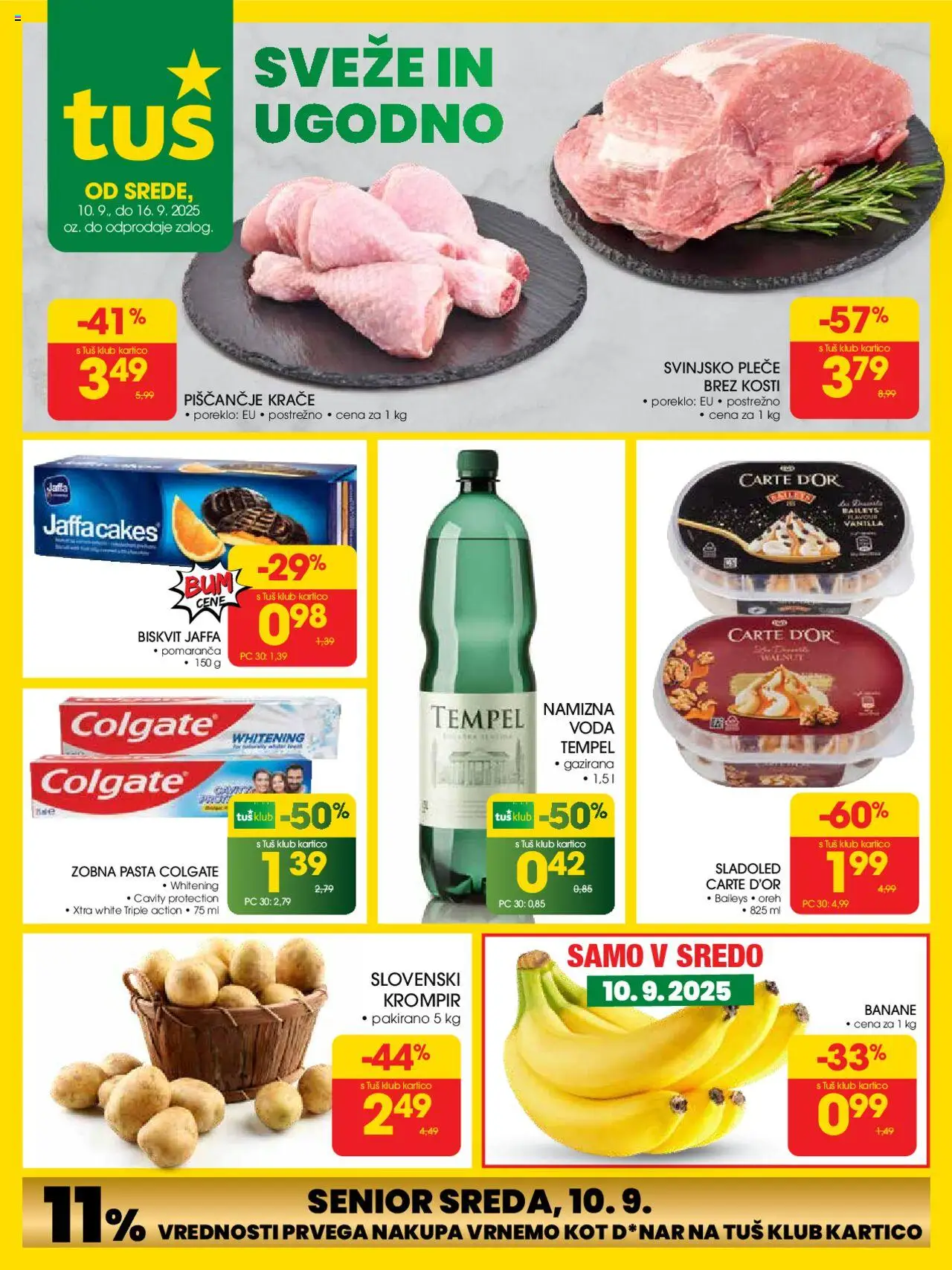 Novi Tuš katalog ponudbe – veljaven od 10.09.2025 | Stran: 1 | Izdelki: Banane, Sladoled, Krompir, Voda