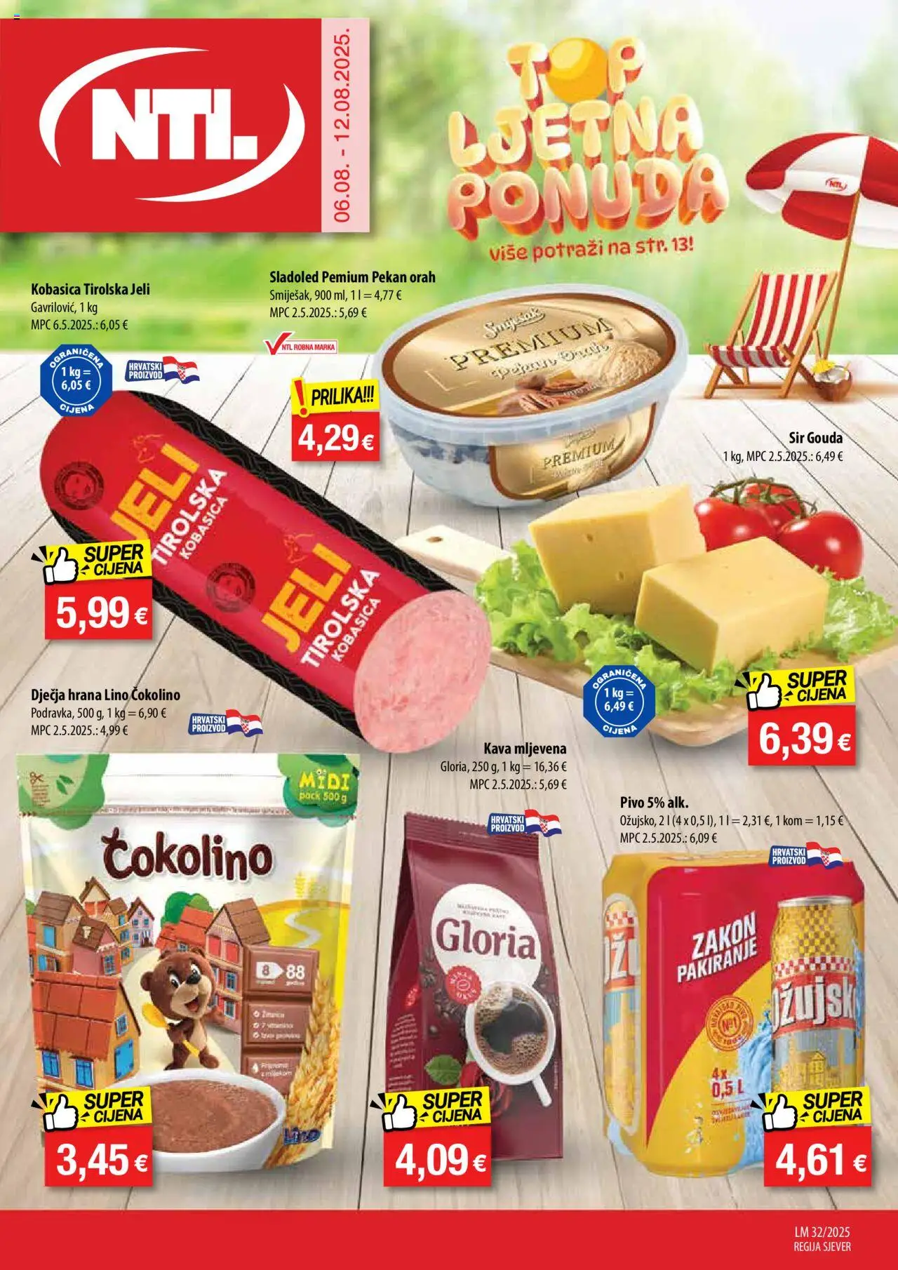 NTL katalog | vrijedi od 06.08.2025 | Stranica: 1 | Proizvodi: Pivo, Dječja hrana, Kobasica, Čokolino