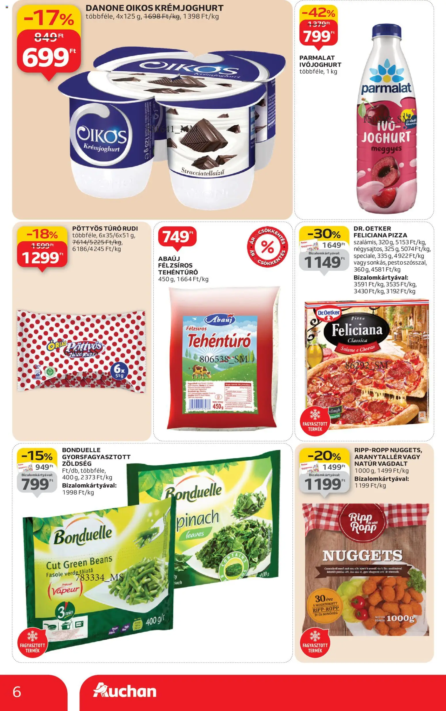 Auchan akciós ujság - amely érvényes a következő dátumtól: 08.01.2026 | Oldal: 6 | Termékek: Nuggets, Joghurt, Pizza, Zöldség