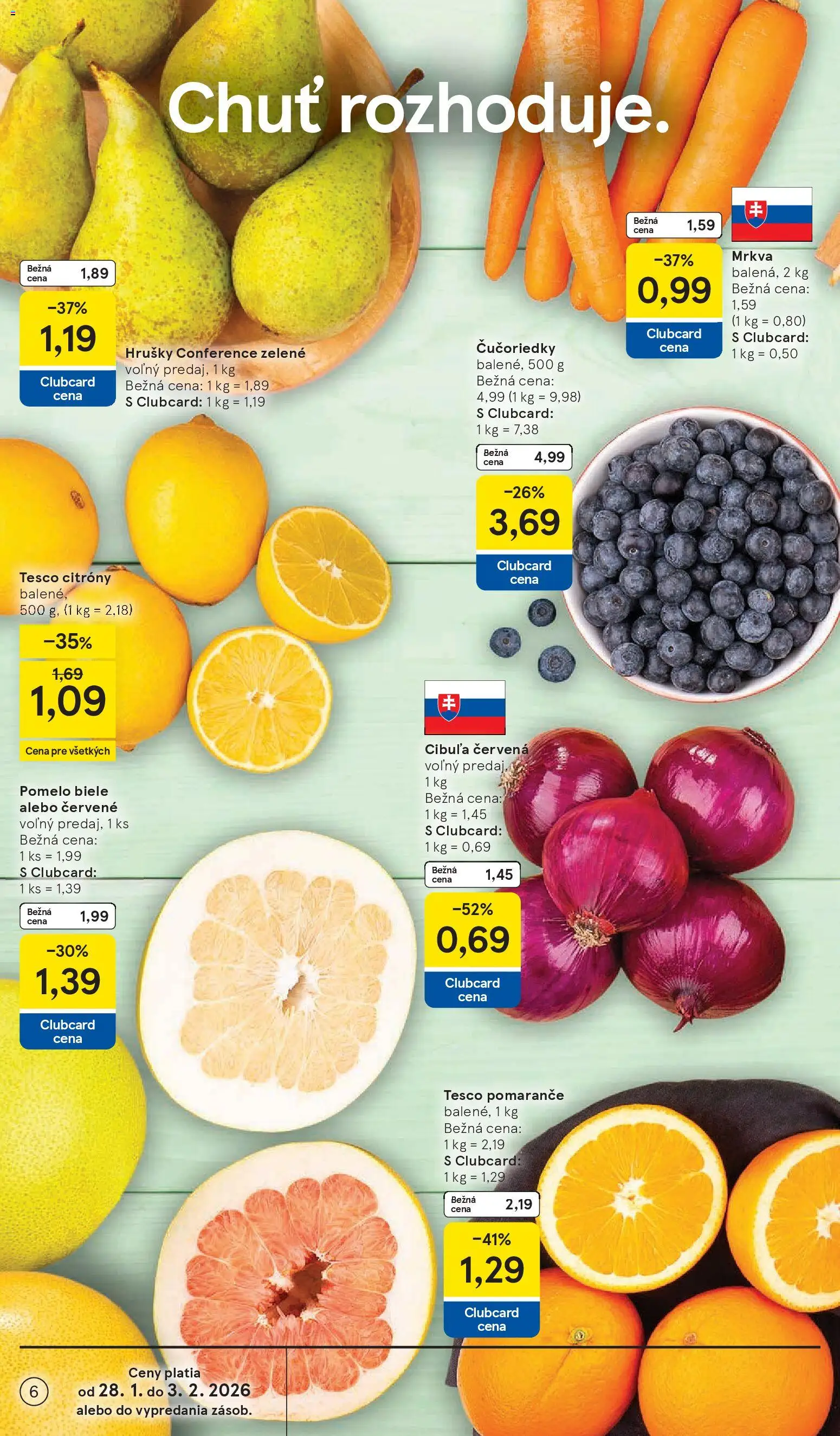 Nové Tesco akcie – leták je platný od 28.01.2026 | Strana: 6 | Produkty: Citróny, Cibuľa, Hrušky, Pomelo