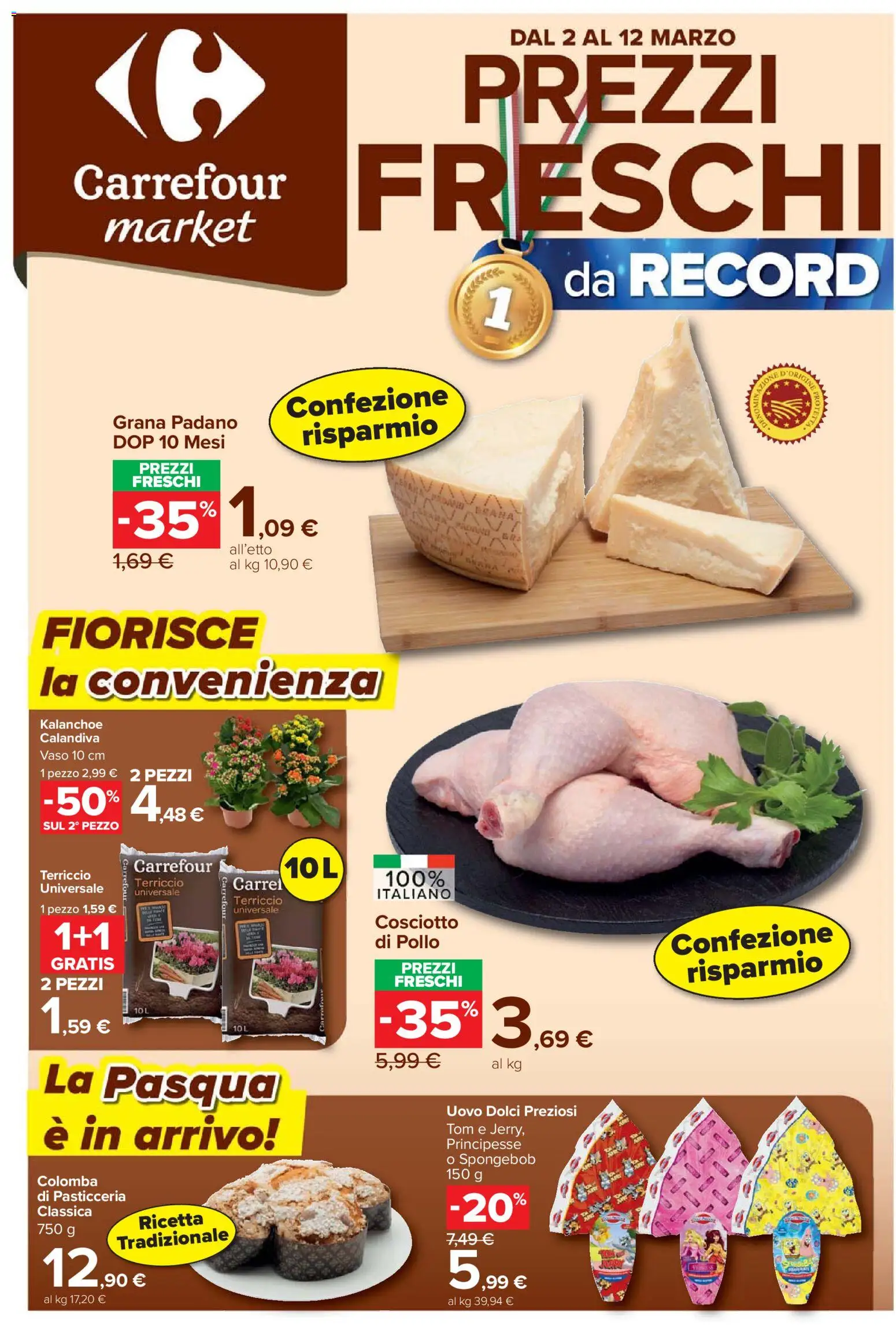 Volantino Carrefour del 02.03.2026 | Pagina: 1 | Prodotti: Pollo, Grana Padano, Terriccio, Vaso