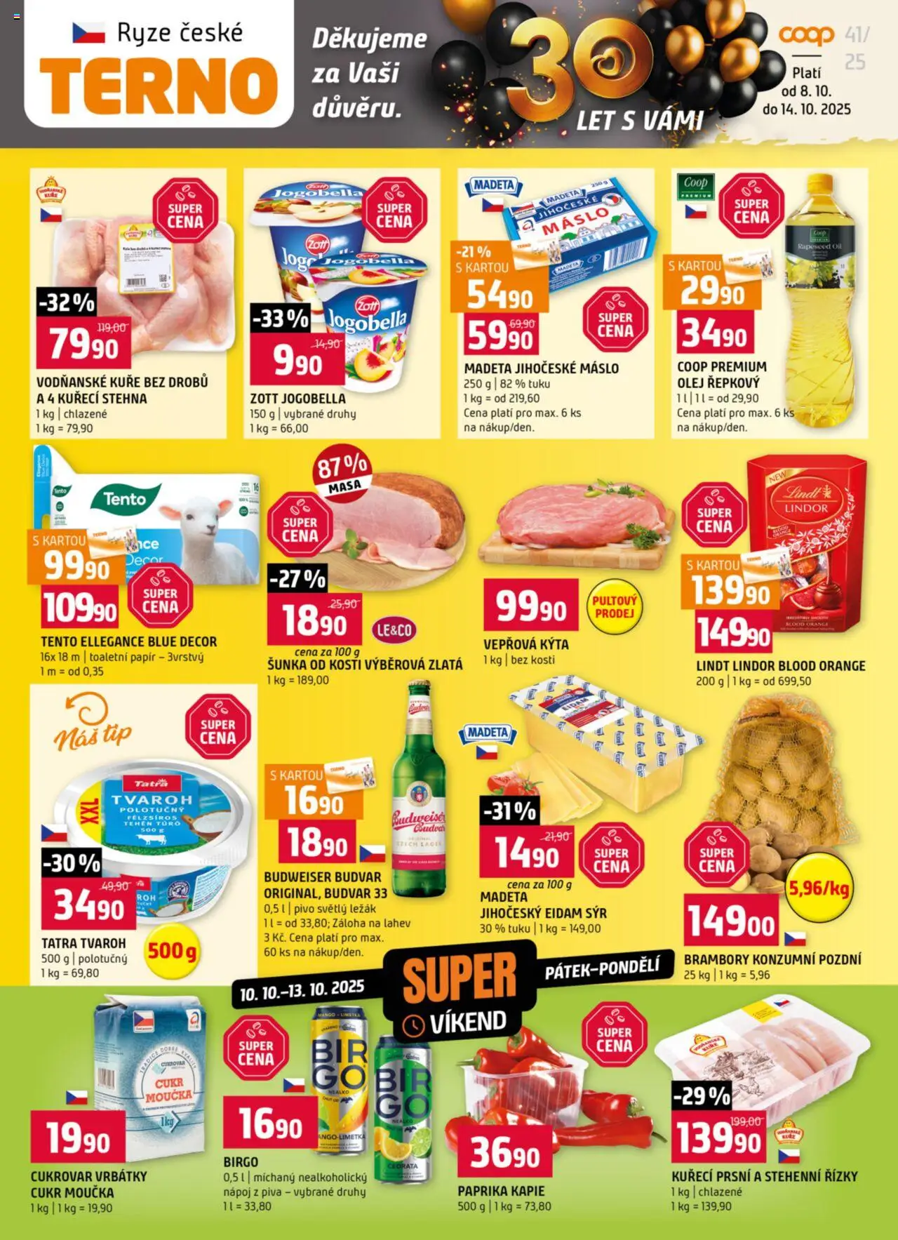 Terno leták - Český Krumlov, Prachatice, Strakonice, Tábor, Zlín od 08.10.2025 | Strana: 1 | Produkty: Toaletní papír, Lindt lindor, Budvar 33, Toaletní papír 3vrstvý
