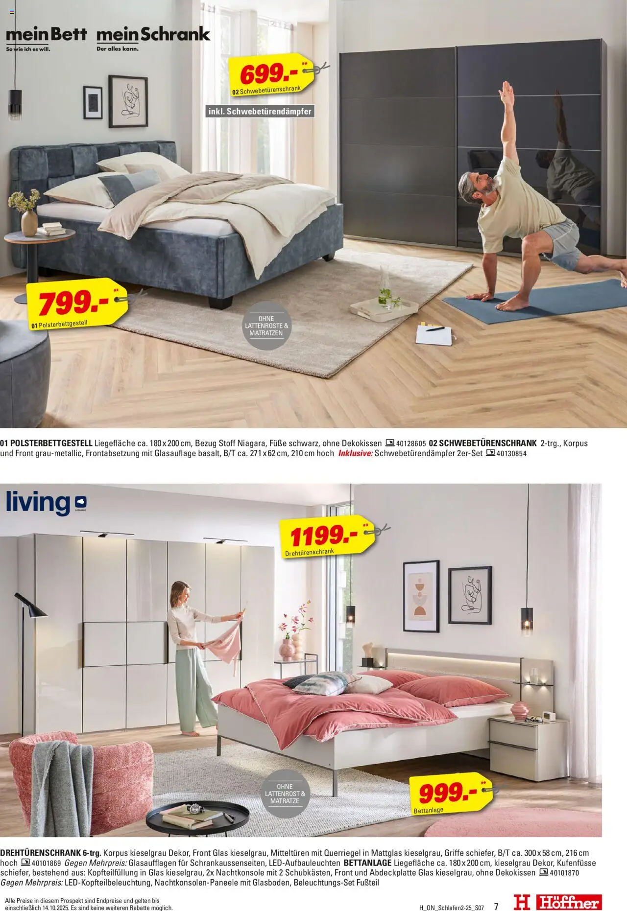 Höffner Schlafen Spezial – gültig ab 01.10.2025 | Seite: 7 | Produkte: Bett, Matratze, Schwebetürenschrank, Drehtürenschrank