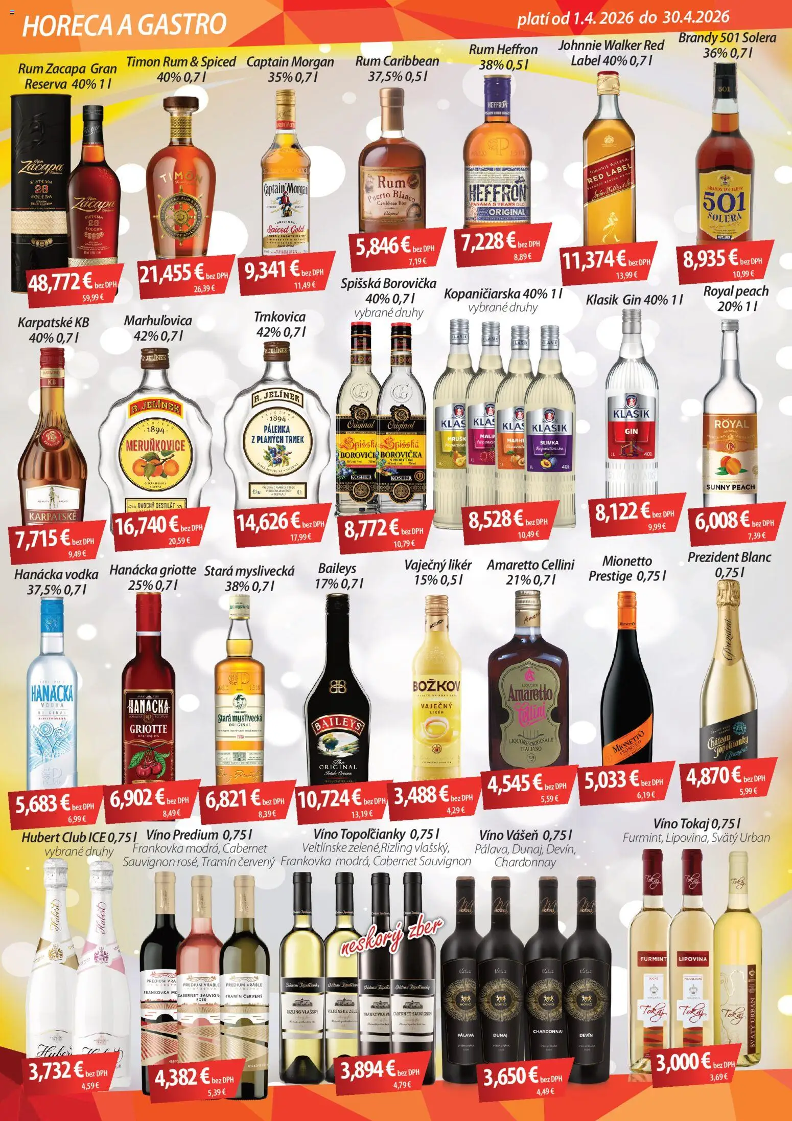 Nové CBA Verex akcie – leták je platný od 01.04.2026 | Strana: 2 | Produkty: Víno, Captain Morgan, Vodka, Rum