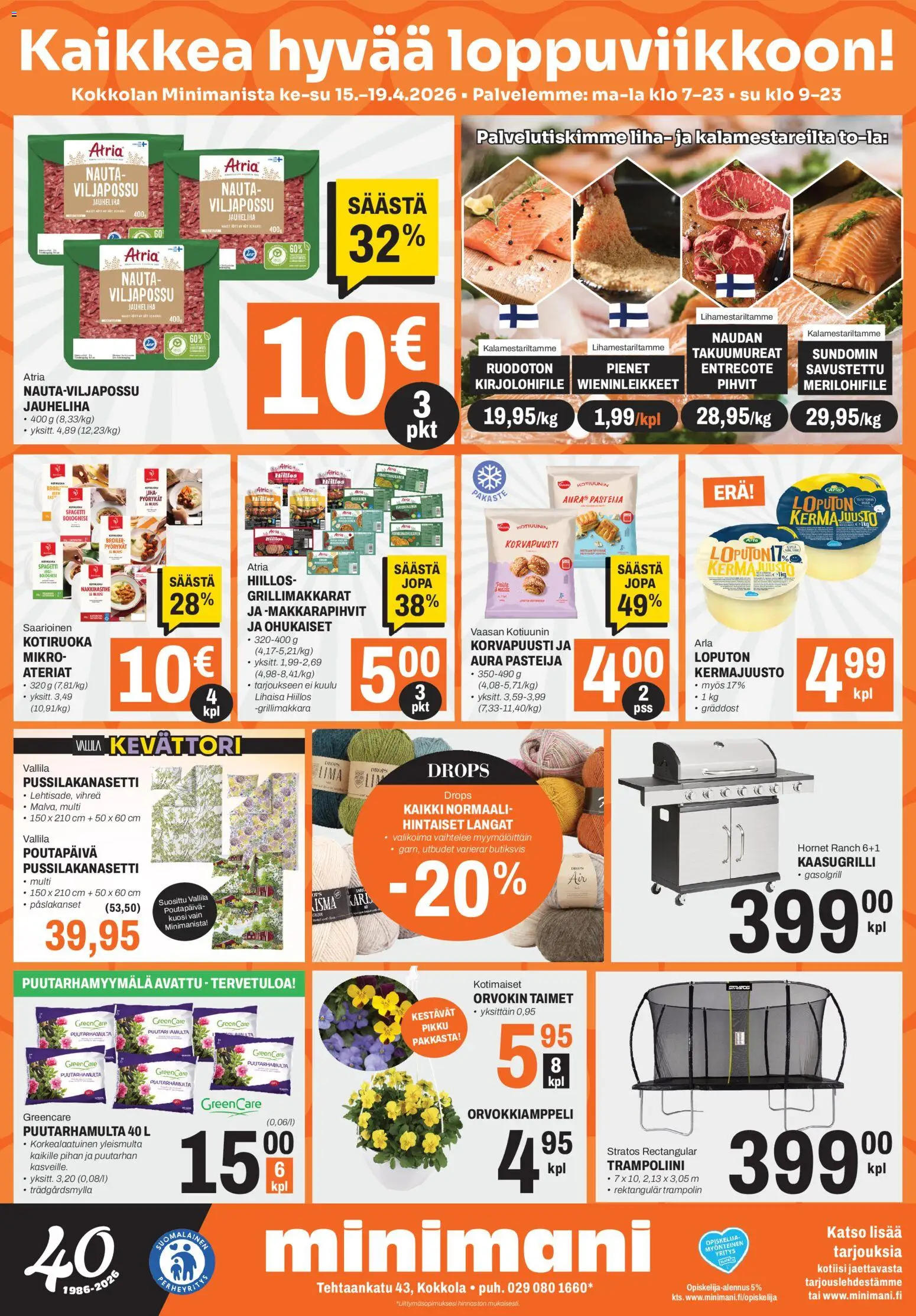 Minimani Tarjoukset - Kokkola – voimassa 15.04.2026 alkaen | Sivu: 1 | Tuotteet: Pussilakanasetti, Kaasugrilli, Entrecote, Grillimakkara