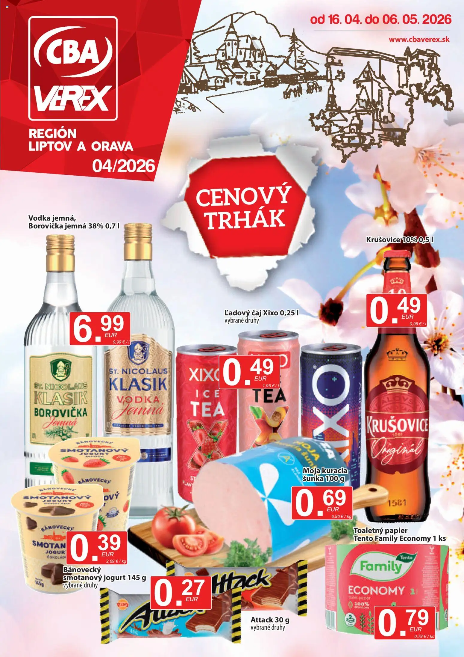 Nové CBA Verex akcie – leták je platný od 16.04.2026 | Strana: 1 | Produkty: Borovička, Toaletný papier, Krušovice, Vodka