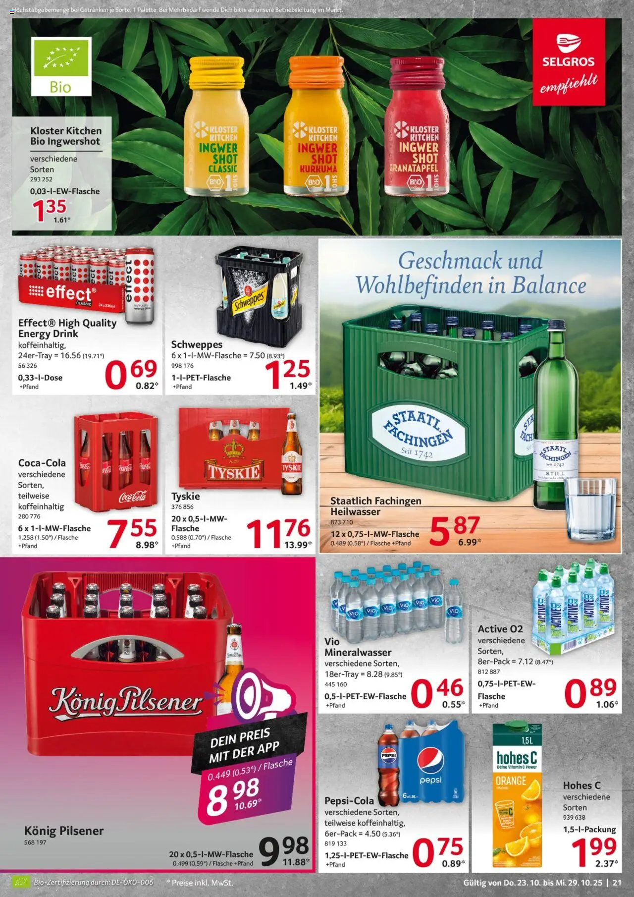 Selgros Prospekt 	 – gültig ab 23.10.2025 | Seite: 21 | Produkte: Konig pilsener, Staatl fachingen, Mineralwasser, Hohes c
