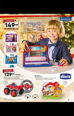 Pogląd oferty "Laptop edukacyjny*, wym. ekranu: 5,1 x 9,7 cm, 124 zadania w języku polskim i angielskim, różne poziomy trudności, w zestawie: myszka, instrukcja, do wyboru: Kraina Lodu, Hot Wheels, Koci domek Gabi, Spider-Man" - ważna od 27.10.2025 | Strona: 41 | Produkty: Laptop