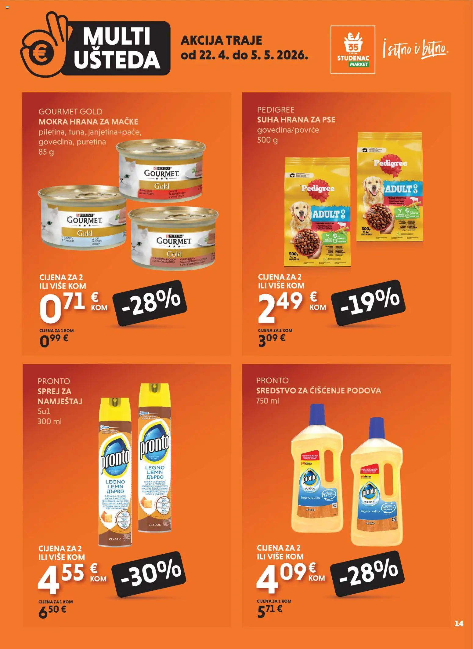 Studenac katalog | vrijedi od 22.04.2026 | Stranica: 14 | Proizvodi: Sredstvo za čišćenje podova, Hrana za pse, Hrana za mačke, Suha hrana za pse