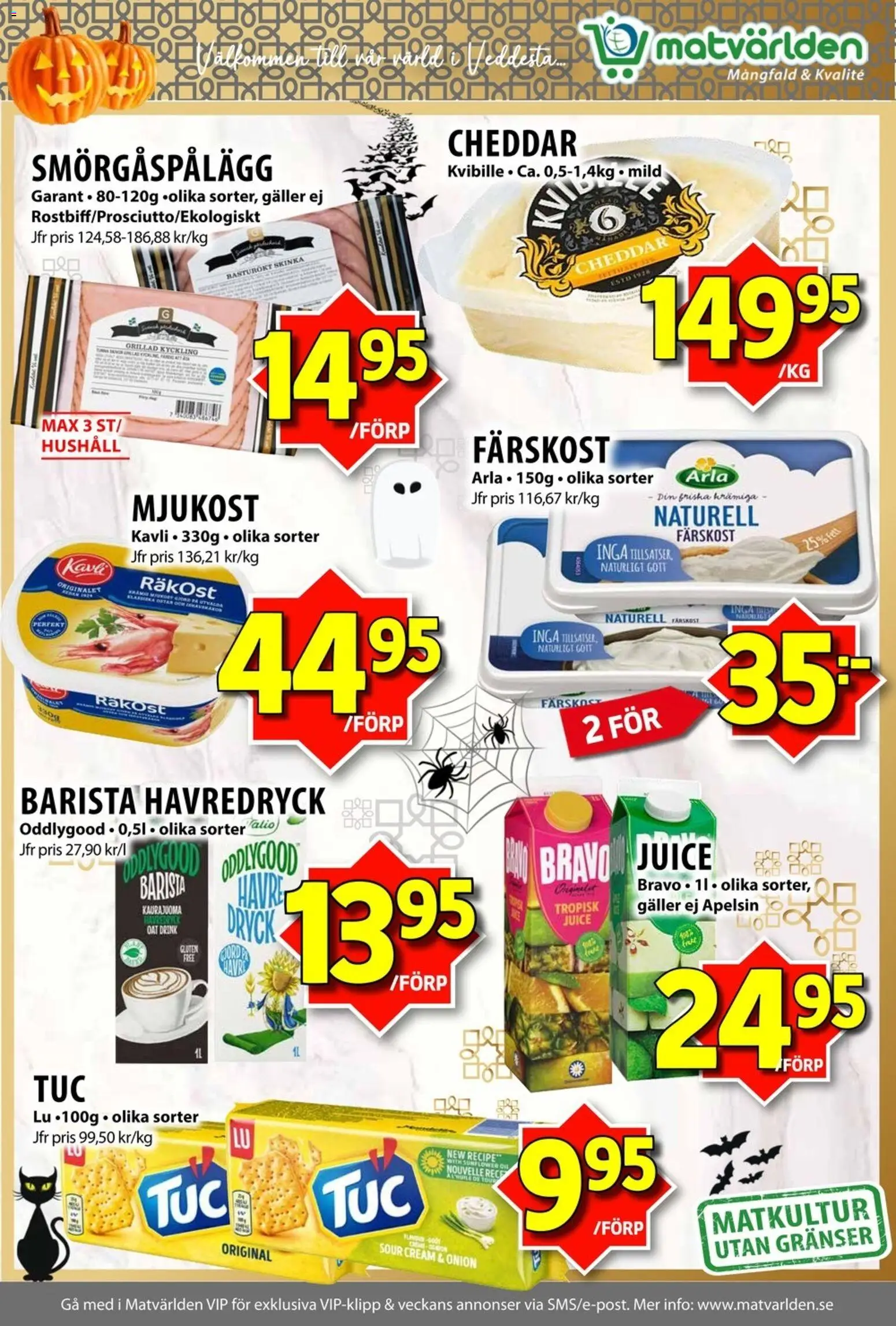 Matvärlden reklamblad aktuell från 27.10.2025 | Sida: 5 | Produkter: Räkost, Smörgåspålägg, Havredryck, Apelsin