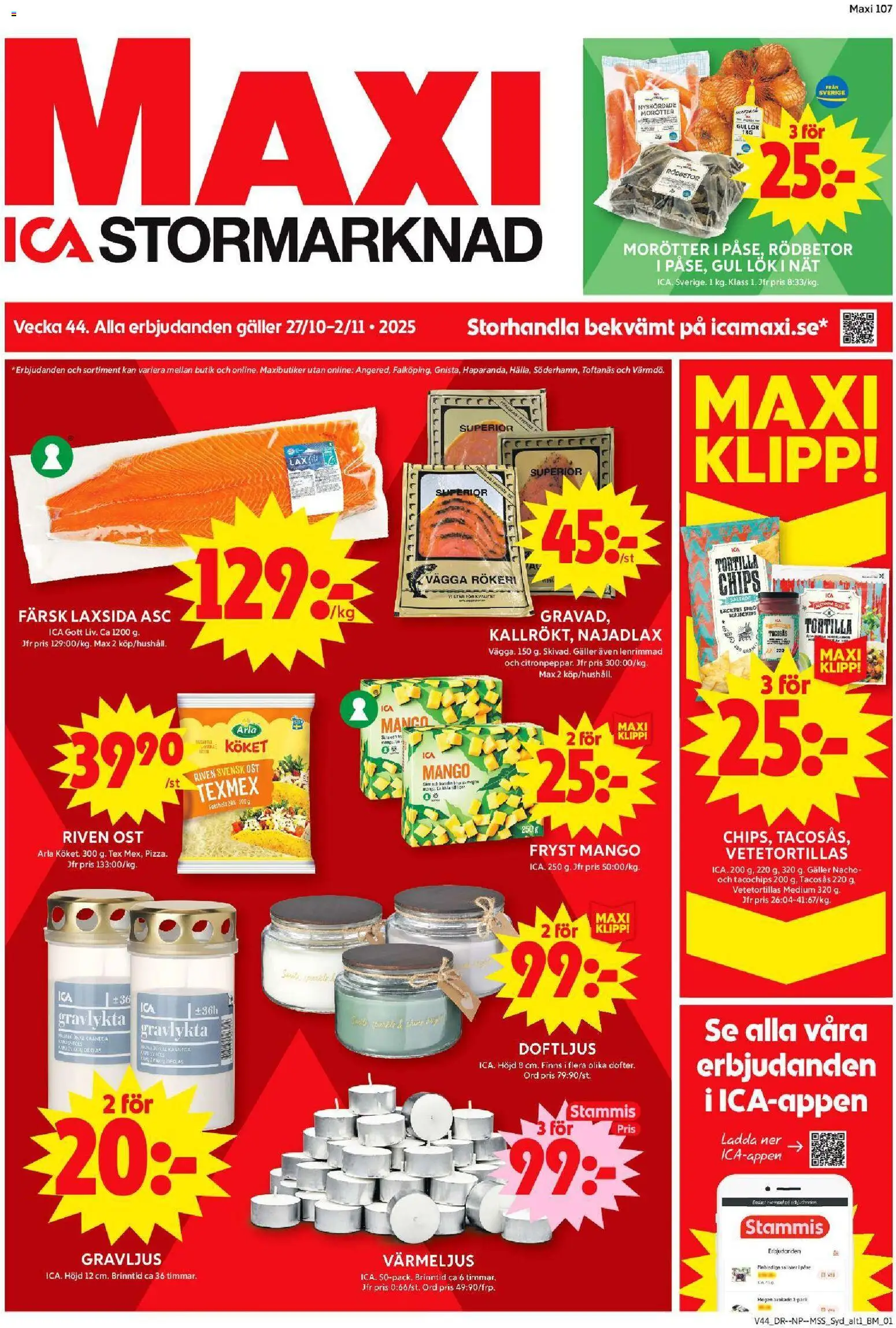 ICA Maxi reklamblad aktuell från 27.10.2025 | Sida: 1 | Produkter: Tortilla, Tacosås, Lax, Gul lök