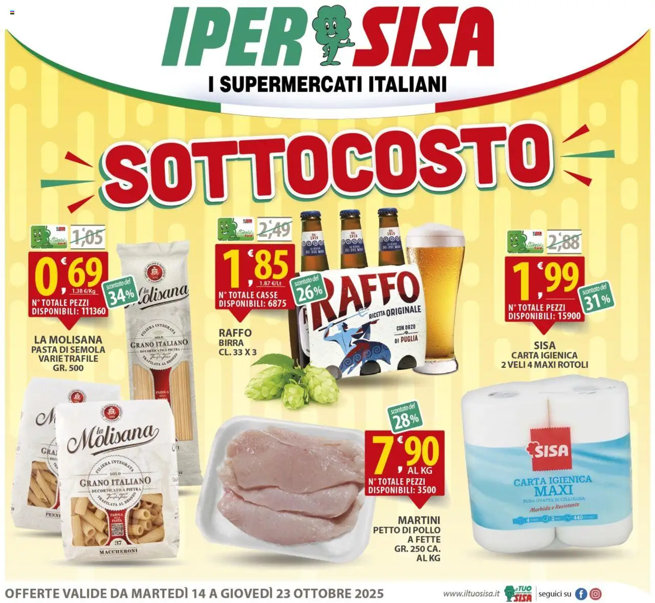 Volantino SISA del 14.10.2025 | Pagina: 1 | Prodotti: Petto di Pollo, Carta igienica, Birra, Pollo